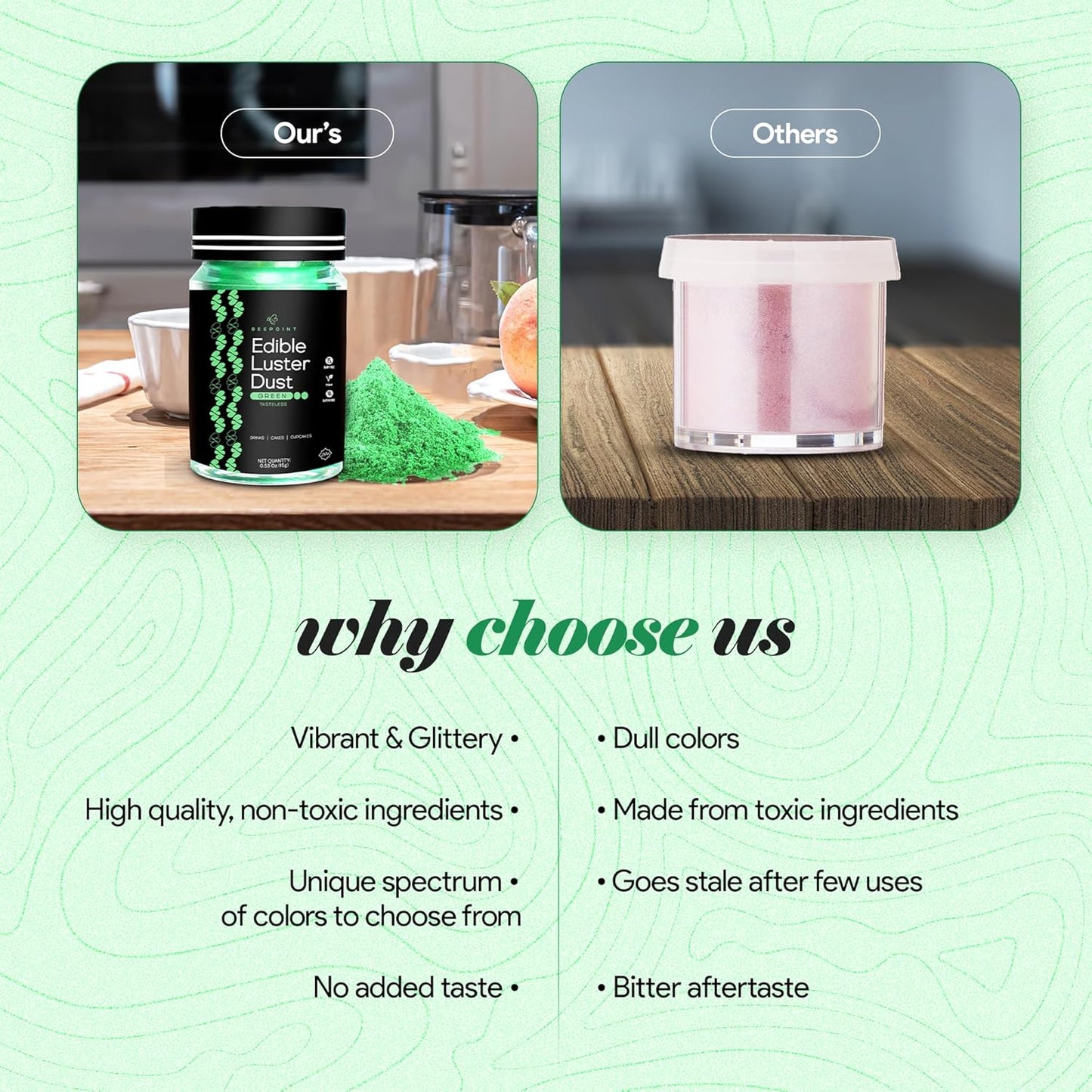 BeePoint Green Edible Luster Dust 15g - Food Grade, Vibrant Color Shimmer Powdered Dust for Drinks, Cocktails, Cake Decorating, Baking, Chocolates, Candy, Sweets, & Cookies - Vegan & Gluten Free