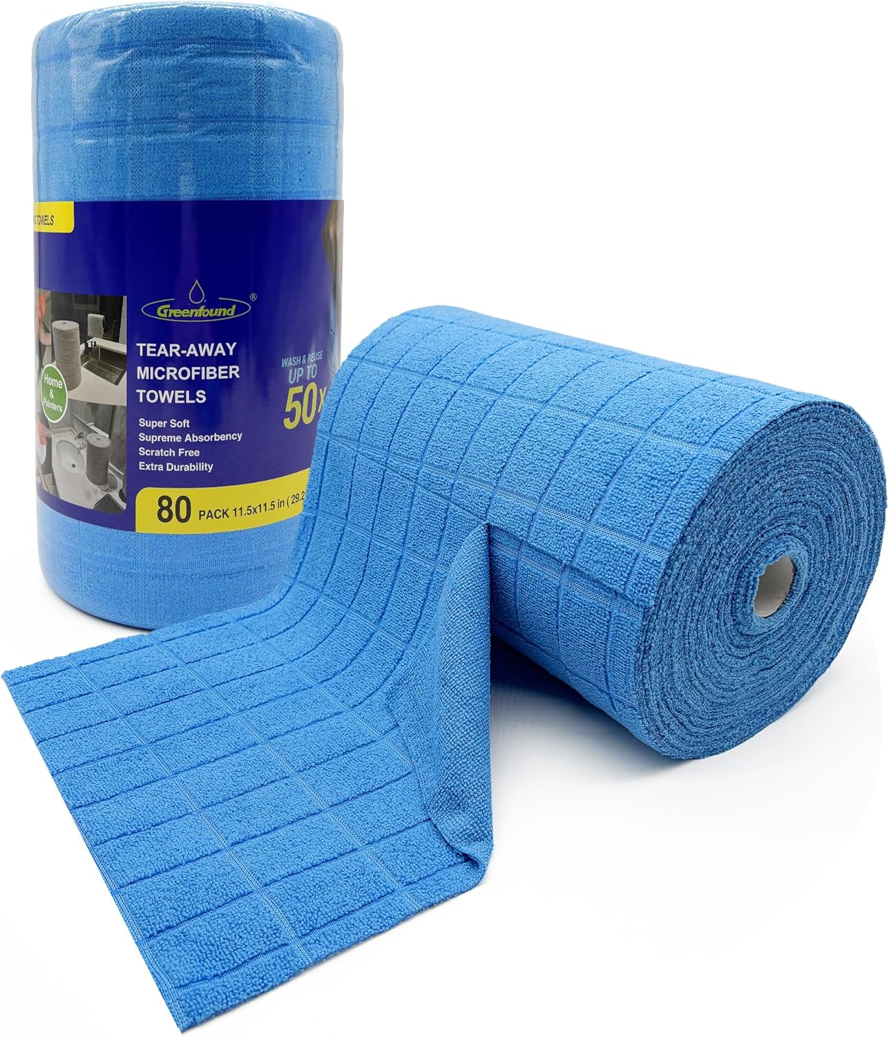 Greenfound Microfiber Cleaning Cloth Roll -80 Pack,Tear Away Towels for Car,Reusable Paper Towels Washable,Super Absorbent,Lint Free Cleaning Rags for House,Kitchen,Window-11.5"×11.5"(Check Blue)