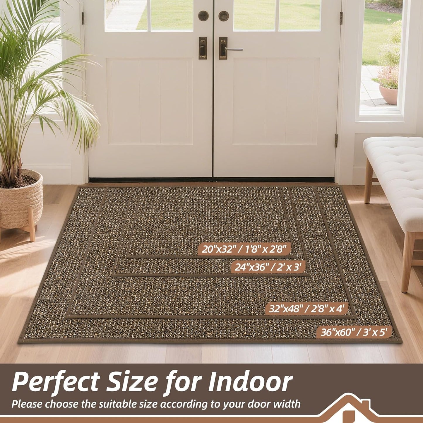 BEQHAUSE Dirt Trapper Door Mat 36" x 60", Non-Slip Washable Doormats Entrance Mat, Dirt Resistant and Absorbent Welcome Mat, Low Profile Floor Mats for Front Back Door and Entryway, Brown