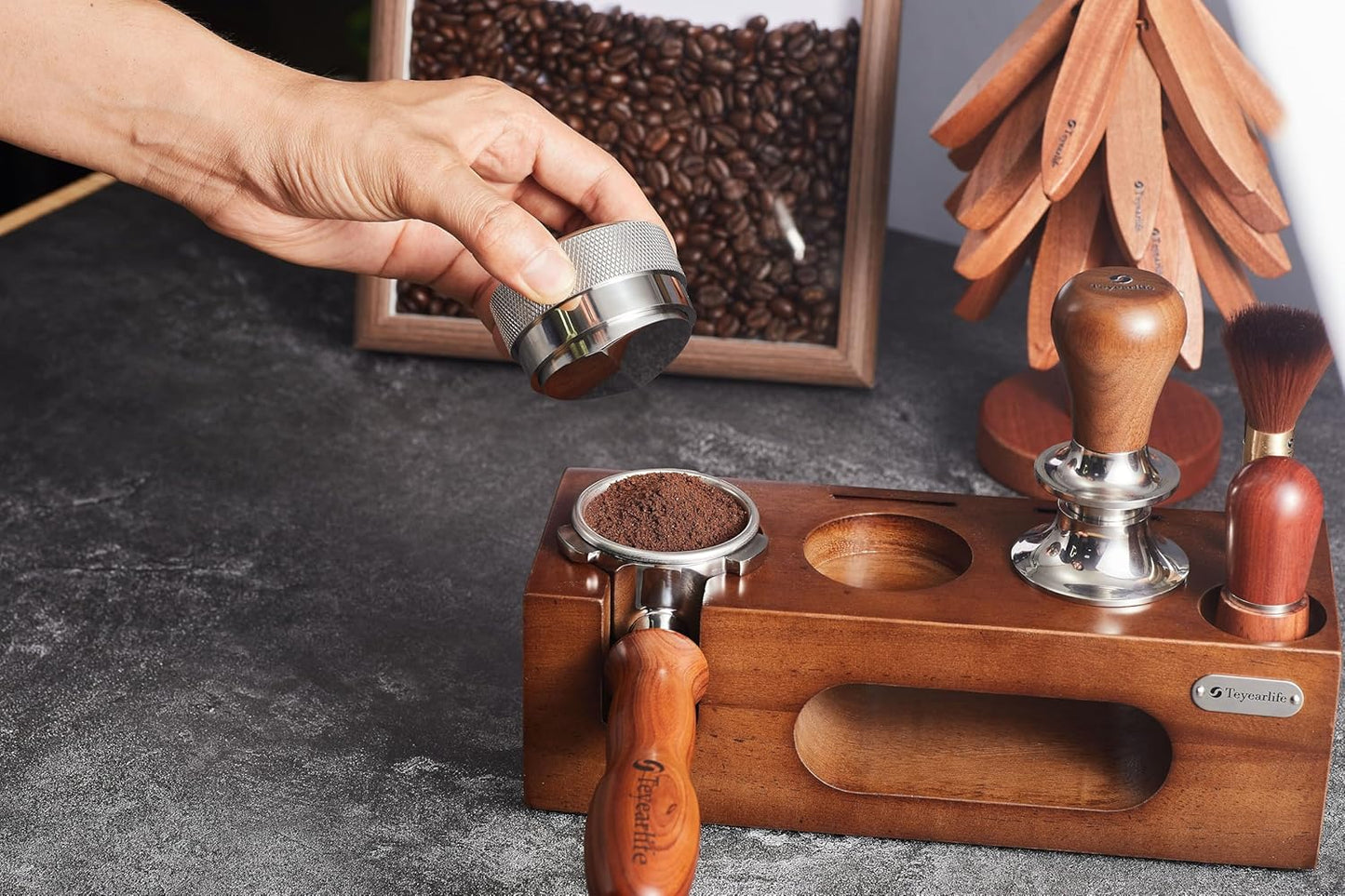 espresso tamping station called Coffee Tamper Station Fit 51 to 54mm Espresso Accessories The tamper holder Or organizer station Adjustable Portafilters Stand Height (7 IN 1)