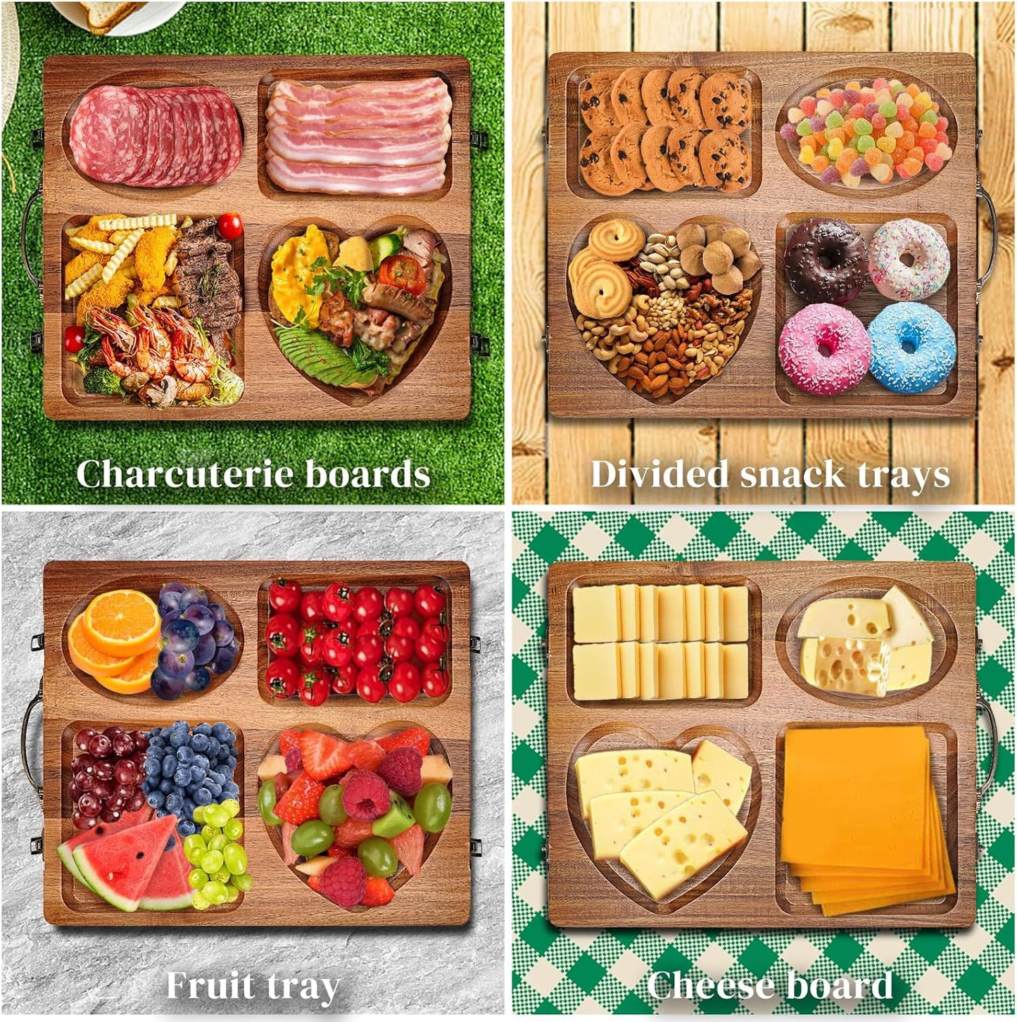 Double Side Acacia Wood Serving Tray, Serving Platters and Trays, Charcuterie Boards Wooden Tray with Vintage Metal Handles, Wooden Cutting Boards for Kitchen, Trays for Serving Food Serving Platter