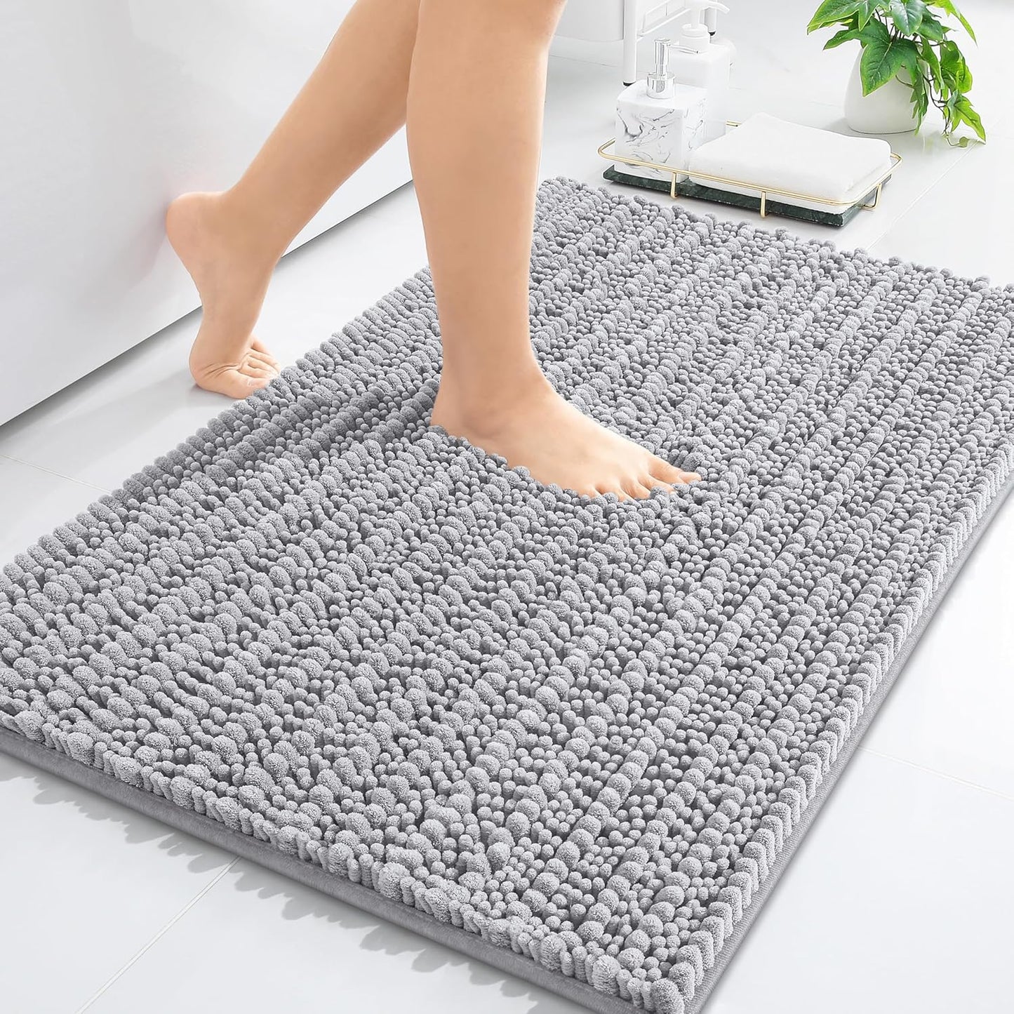 Arotive Luxury Chenille Bathroom Rug Mat, Extra Soft Thick Absorbent Shaggy Bath Rugs, Non-Slip Machine Wash Dry, Plush Bath Mats for Bathroom, Shower and Tub, 24x16, Light Grey