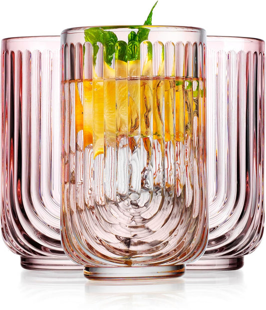 Glaver's Vintage Glassware Art Deco Highball Glasses Set of 4 Blush Ribbed Drinking Glasses 17 Oz U-Shape Arch Design Colored Cocktail Kitchen Tumblers Everyday Dinner Decorative Party, Pink