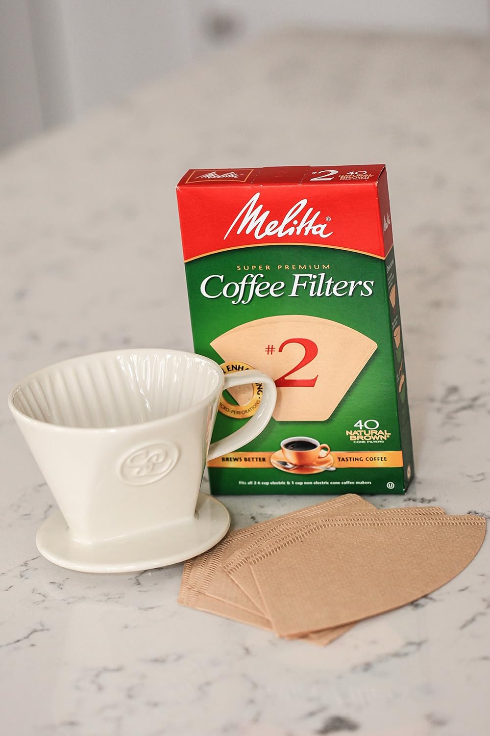 Ceramic Pour Over Coffee Maker with 40 Count Melitta Filters - Elegant Single Serve Coffee Dripper for Rich Brewed Pour Over Coffee
