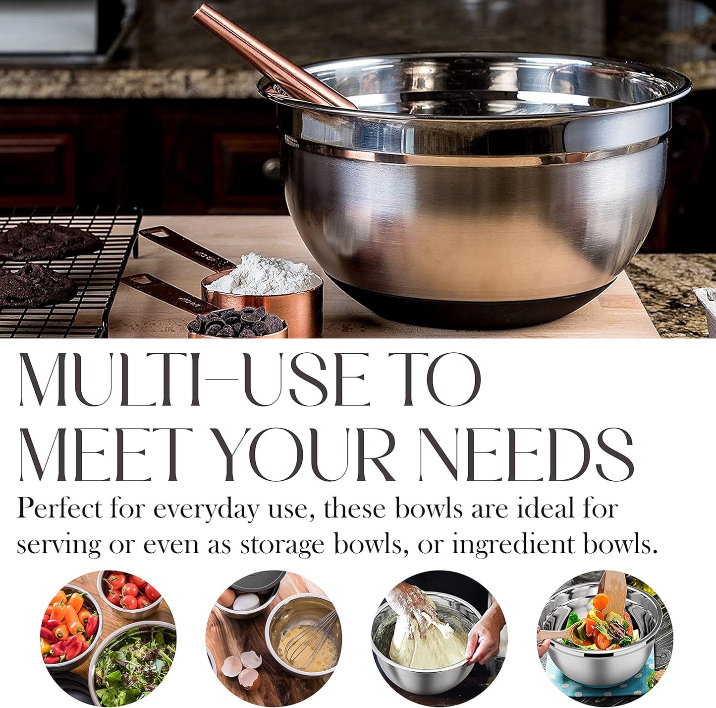 Bellemain Stainless Steel Non-Slip Mixing Bowls with Lids (5 Piece, Silver/Black)