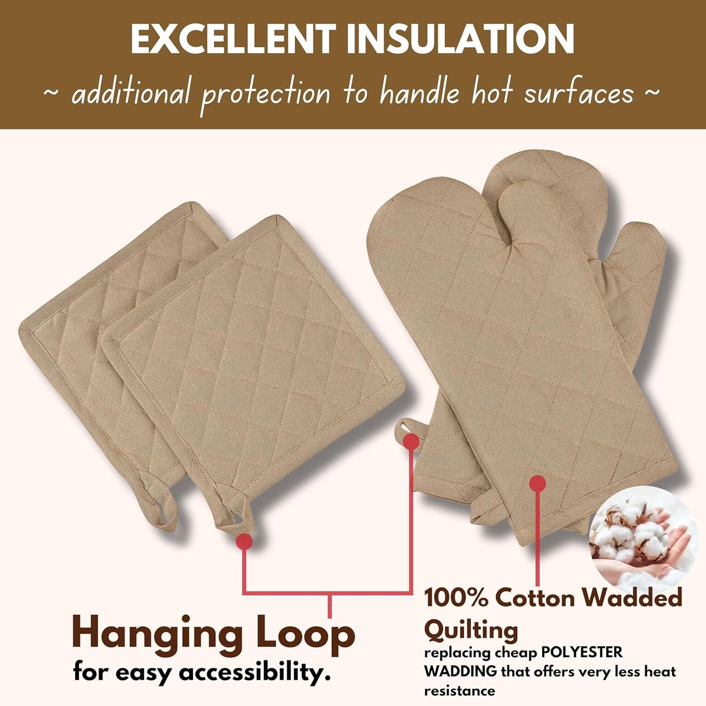 Native Fab Pot Holders and Oven Mitts Sets for Kitchen Heat Resistant- Hanging Non-Slip - 100% Cotton Oven Mitts and Pot Holders 4-Piece Set- Beige