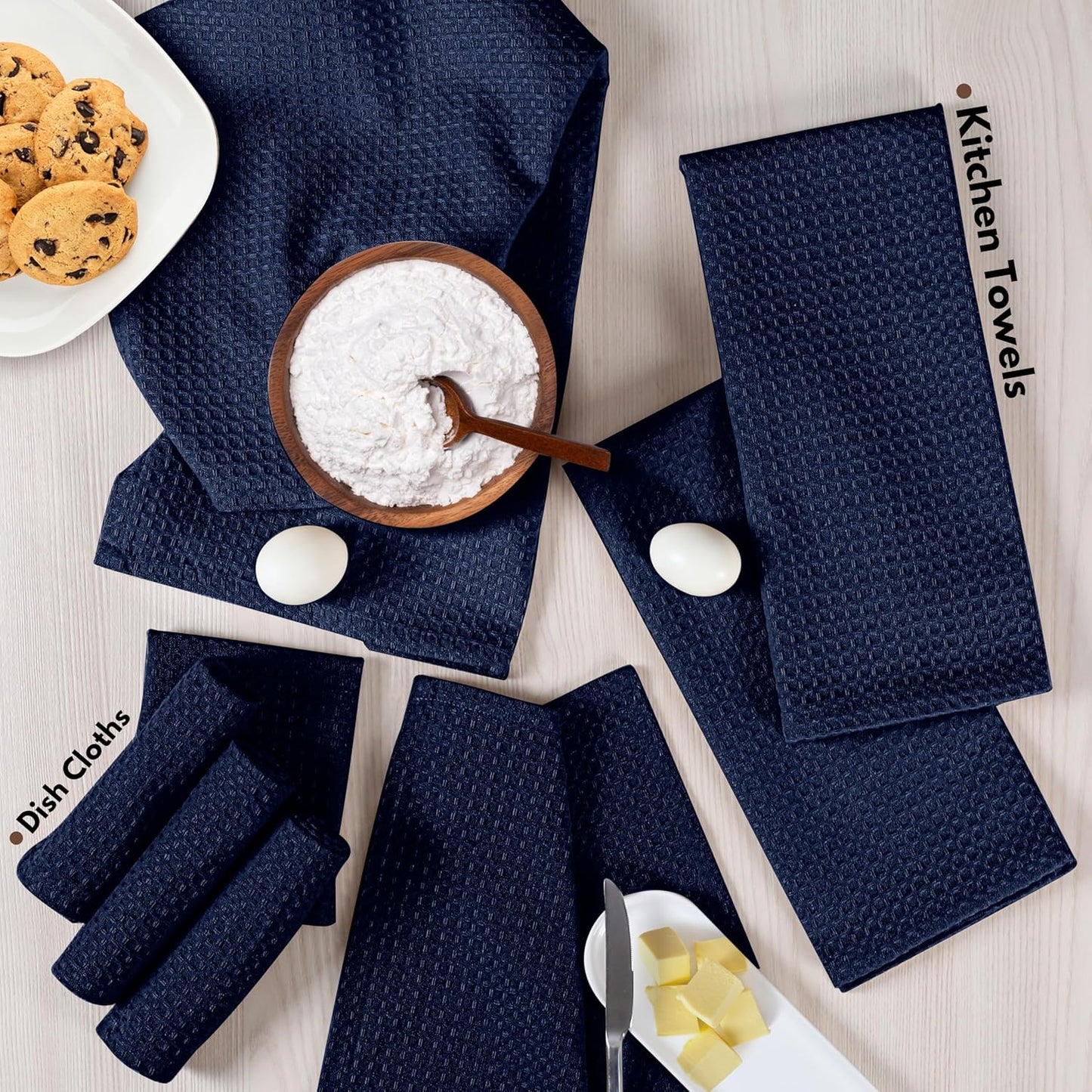 Native Fab 8 Piece Towel & Dish Cloth Set - 100% Cotton, Absorbent, Quick Drying, Durable Towels for Cleaning, Cooking, Baking - Great for Home, Kitchen, Bars & Everyday Use - Navy Blue