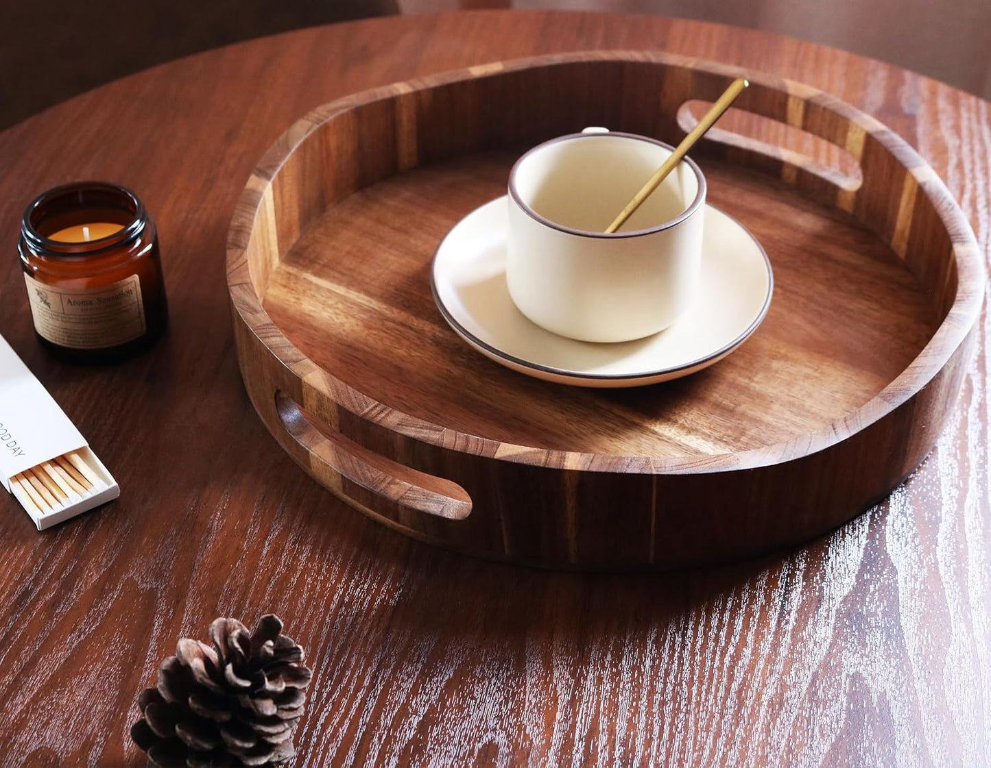 Acacia Wood Serving Tray with Handles, Round-12.6inch Perfect for Breakfast, Lunch, Dinner, Food Snacks Drinks for Coffee Table,Decorative Ottoman Tray for Living Room Kitchen, Bedroom