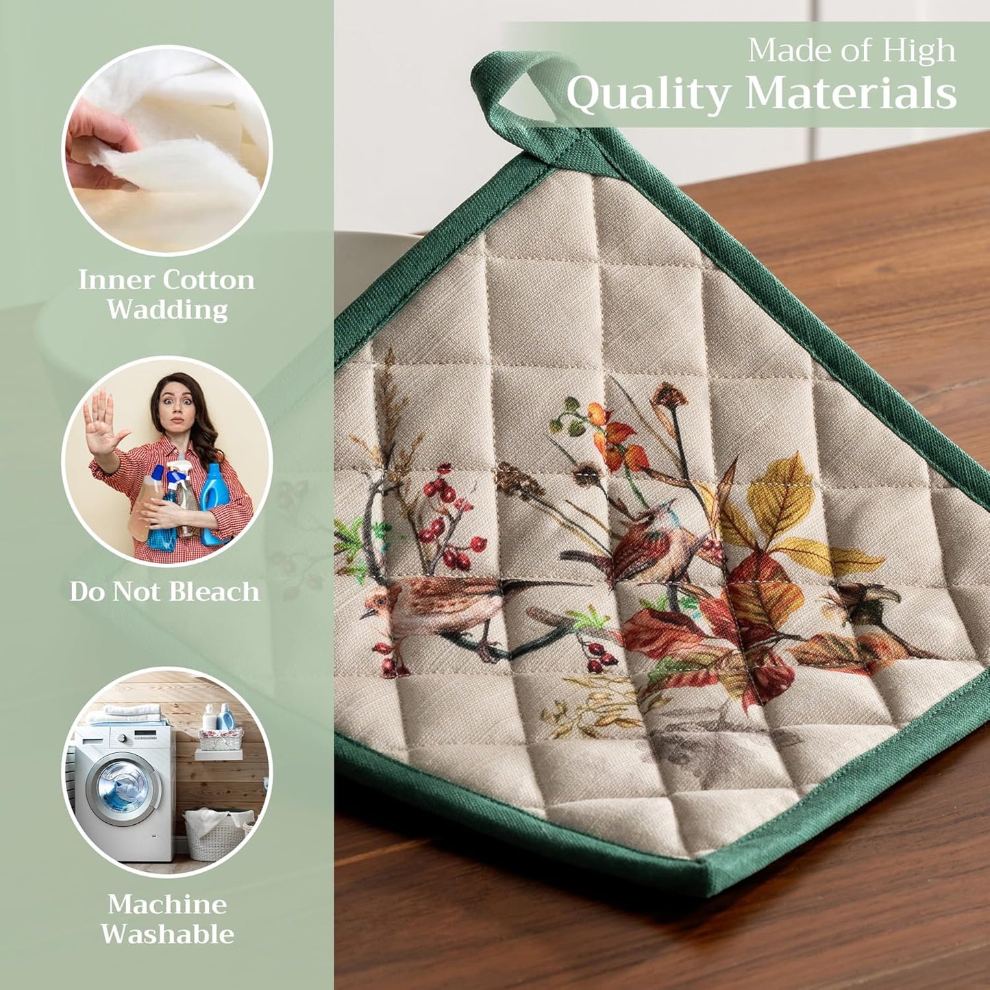 Maison d' Hermine Pot Holders 100% Cotton Heat Resistant Potholders 8" x 8" Hot Pads with Loop BBQ, Cooking, Baking, Grilling, Kitchen, Handling Hot Pans (Pack of 1, Recolte)