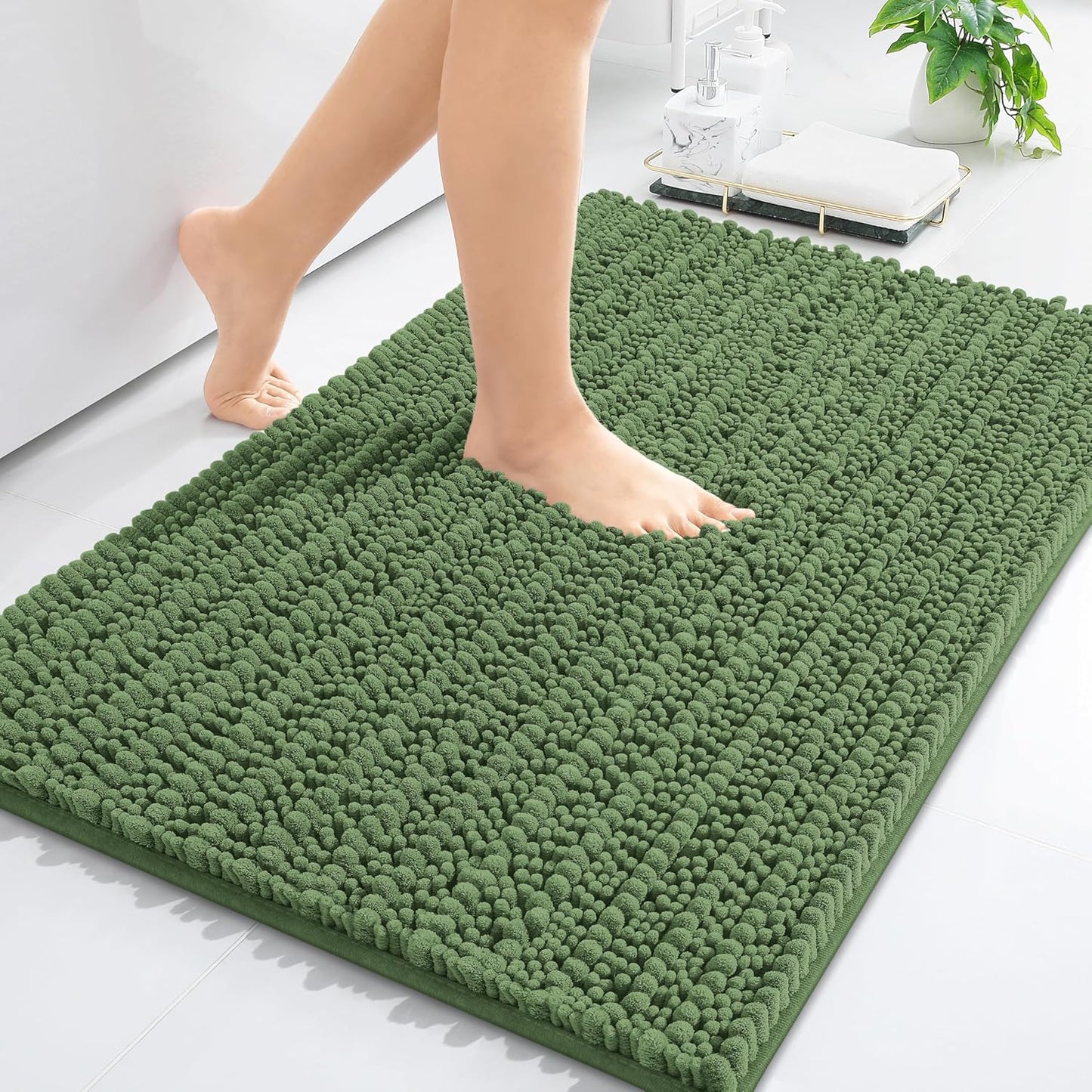 Arotive Luxury Chenille Bathroom Rug Mat, Extra Soft Thick Absorbent Shaggy Bath Rugs, Non-Slip Machine Wash Dry, Plush Bath Mats for Bathroom, Shower and Tub, 24x16, Olive Green