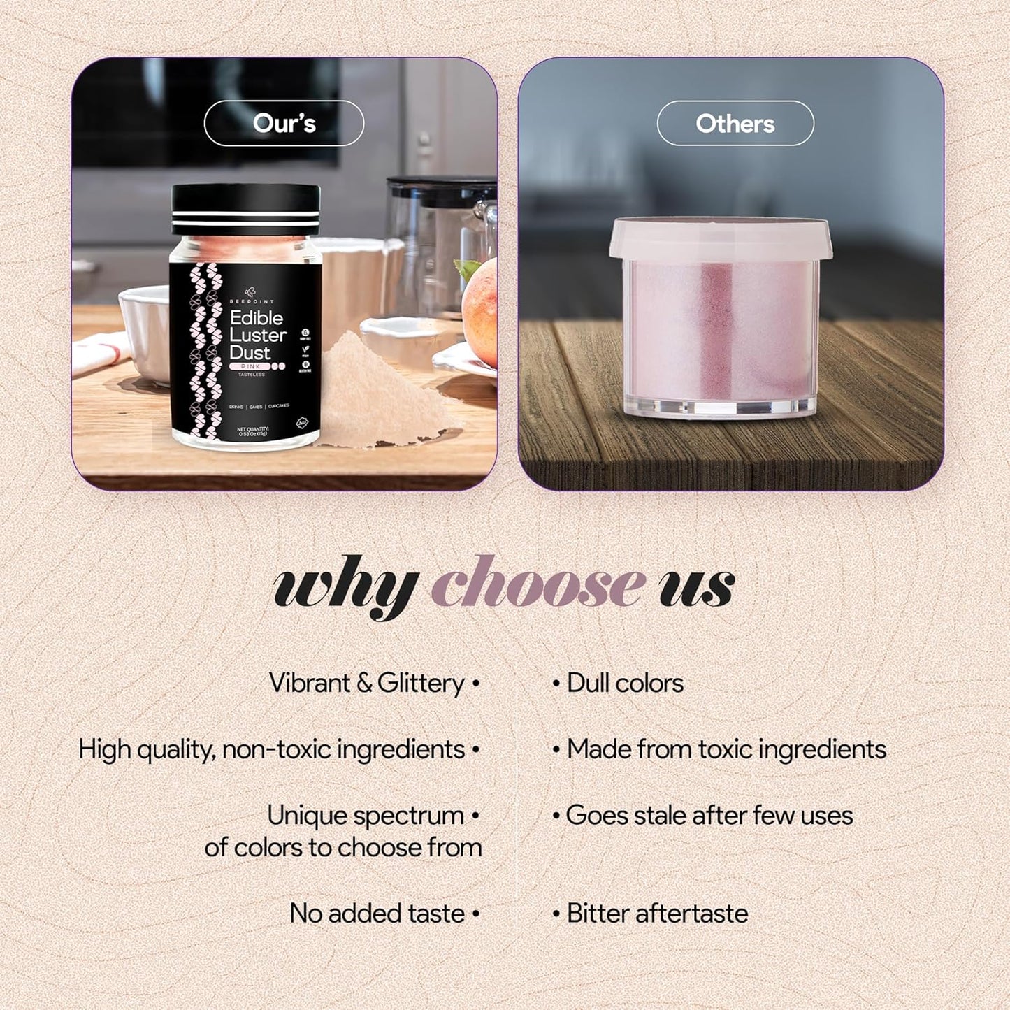 BeePoint Pink Edible Luster Dust 15g - Food Grade, Vibrant Color Shimmer Powdered Dust for Drinks, Cocktails, Cake Decorating, Baking, Chocolates, Candy, Sweets, & Cookies - Vegan & Gluten Free