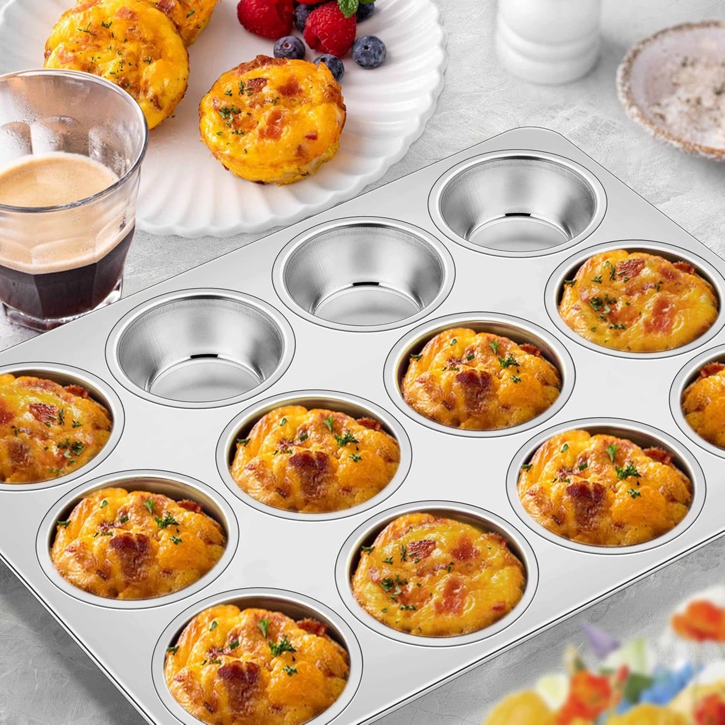Homikit 2 Pack Muffin Pan, Stainless Steel Cupcake Tin with 12 Cups Regular Size, 13.8" x 10.4" Nonstick Metal Egg Bites Tray for Oven Baking, Non Toxic & Rust Free, Easy Release & Dishwasher Safe