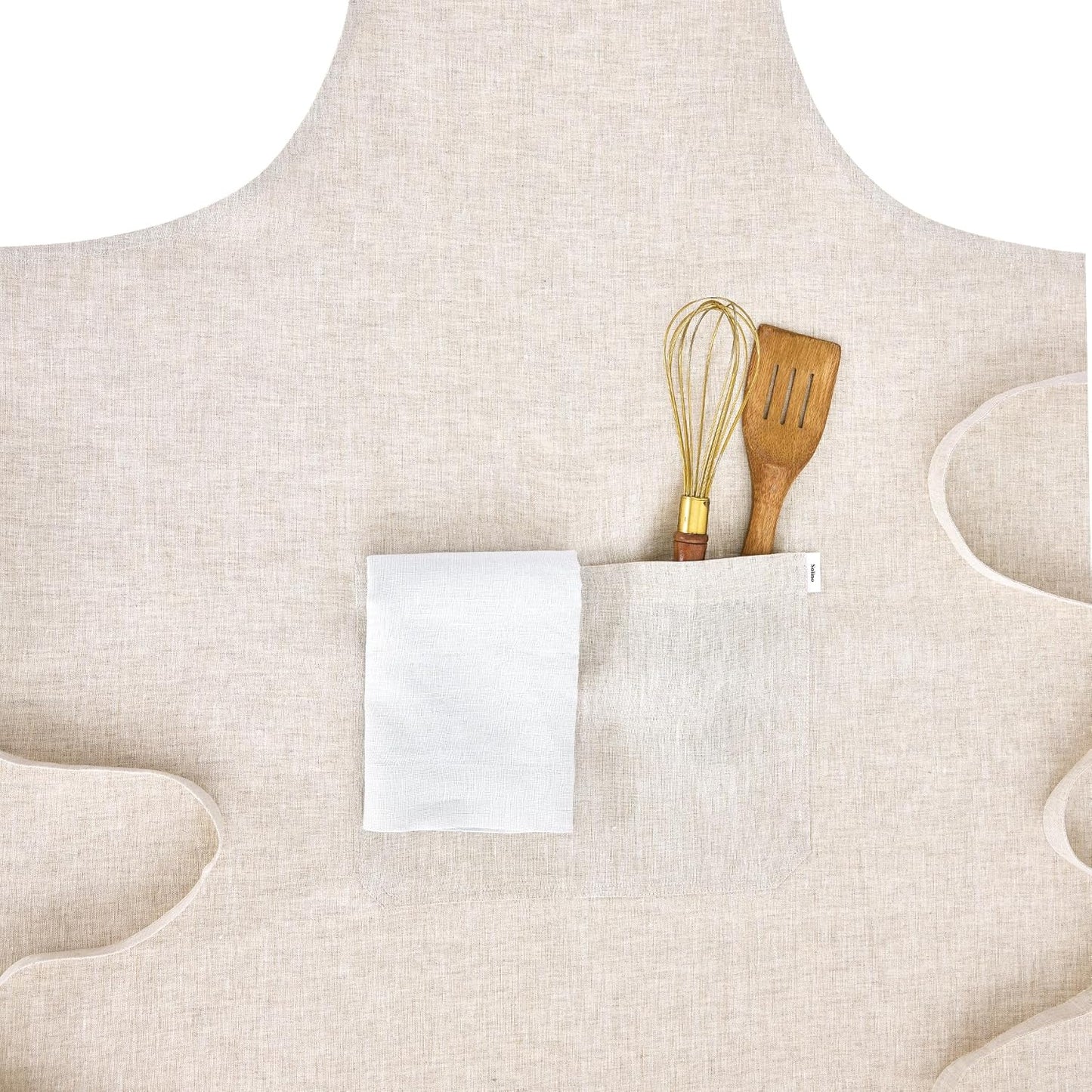 Solino Home 100% Pure Linen Apron for Women & Men - Light Natural Stripe Full Midi Bib Apron, Adjustable Neck Strap with Center Pockets for Kitchen, Chef - Handcrafted from European Flax
