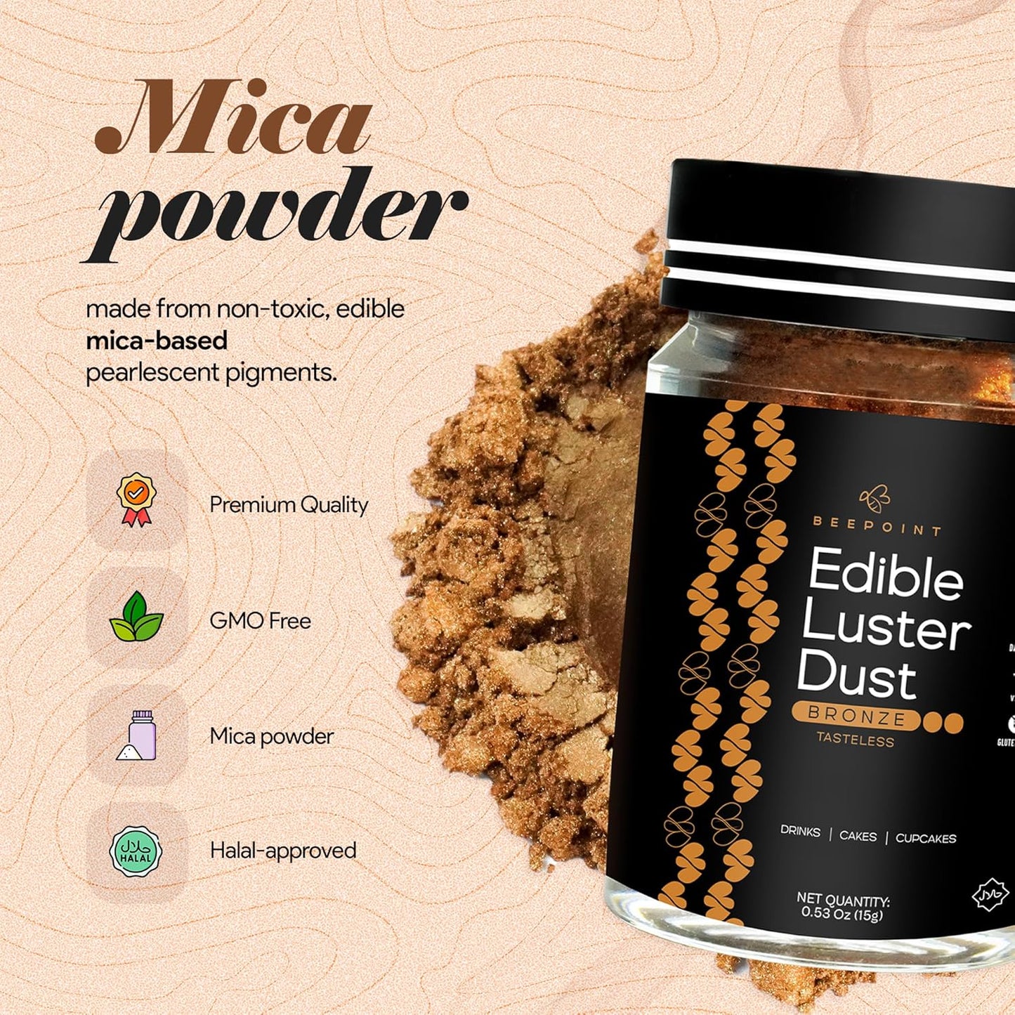 BeePoint Bronze Edible Luster Dust 15g - Food Grade, Vibrant Color Shimmer Powdered Dust for Drinks, Cocktails, Cake Decorating, Baking, Chocolates, Candy, Sweets, & Cookies - Vegan & Gluten Free