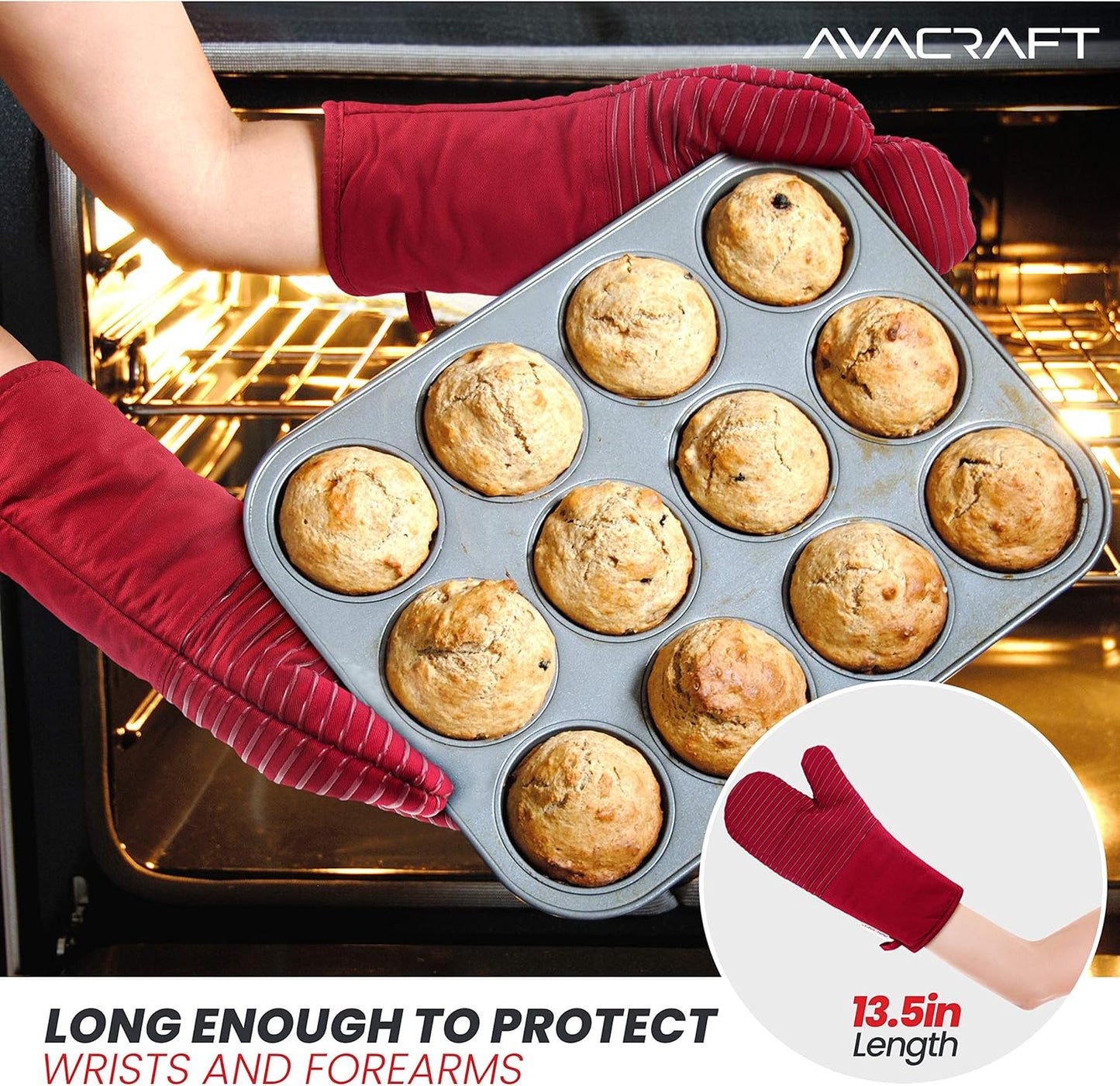 AVACRAFT Oven Mitts Pair, Flexible, 100% Cotton with Unique Heat Resistant Food Grade Silicone, Thick Terry Cloth Interior, 500 F Heat Resistant (Red Oven Mitts)