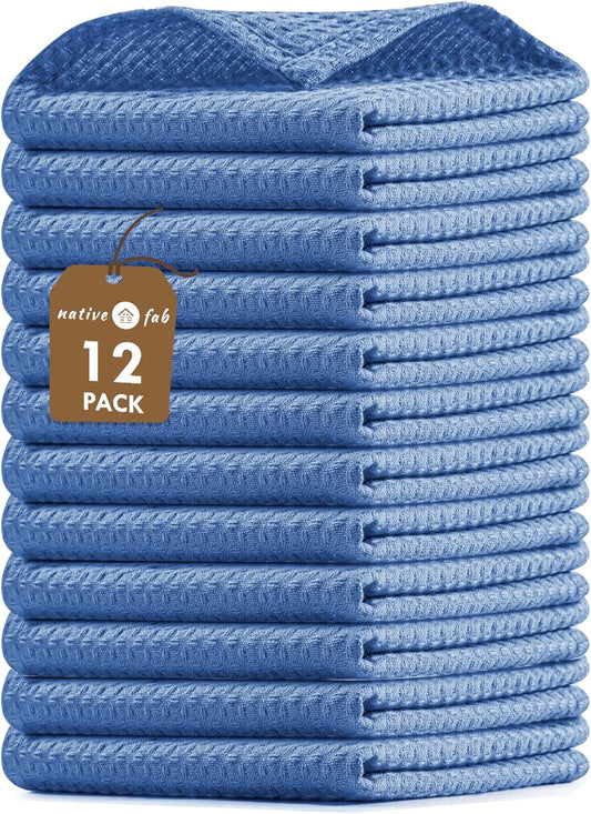Native Fab Set of 12 Kitchen Dish Cloths Cotton 12x12 Absorbent Washable, Dish Towels, Restaurant Cleaning Towels, Bar Mops Towels, Rags for Home Kitchen Bars, Light Blue