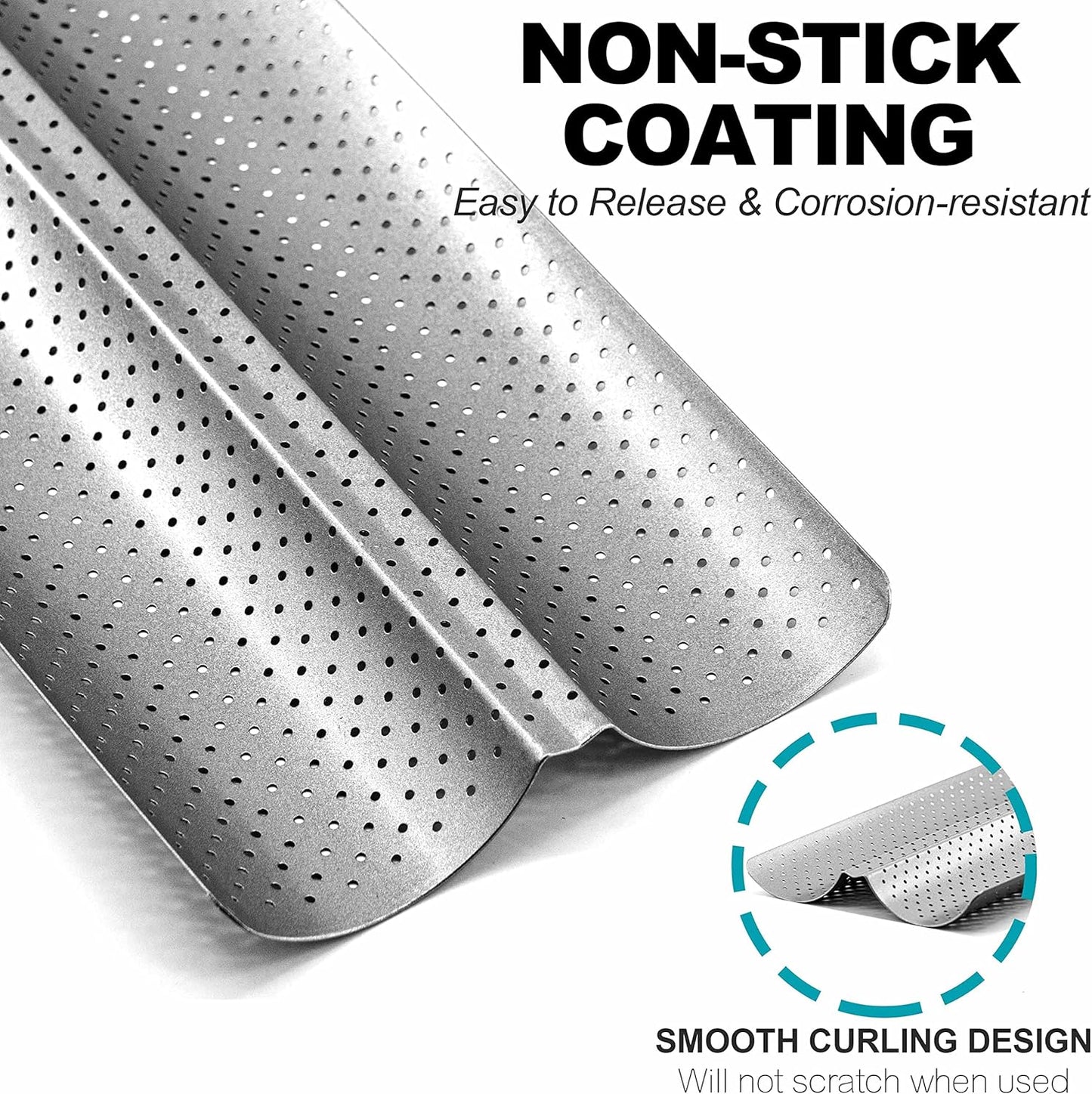 Anaeat Nonstick Perforated French Bread Baking Pan, 15"X 6.3" Premium Toast Mold, Silver