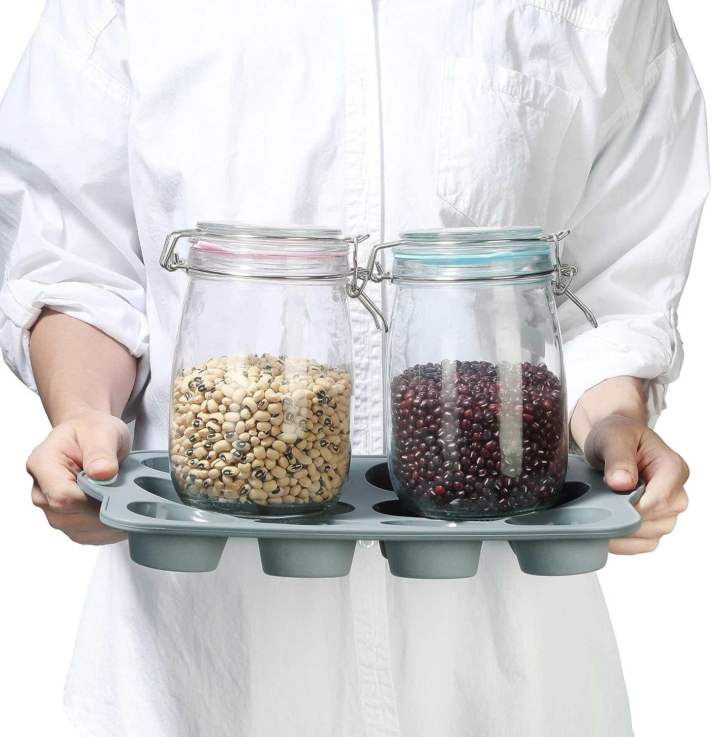 To encounter 8 in 1 Silicone Baking Set - 6 Cake Molds - 2 Silicone Baking Mat, Nonstick Cookie Sheet, Cake Muffin Bread Pan with Grips and Metal Reinforced Frame More Strength, Light Grey