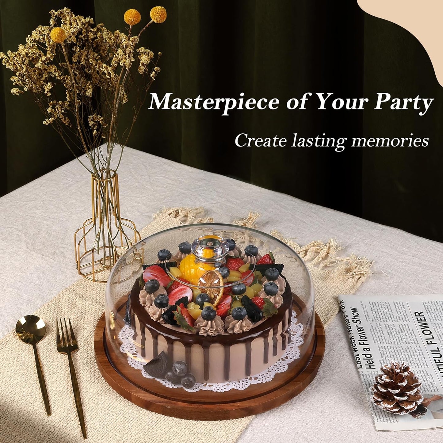 Bellsal Cake Stand with Clear Acrylic Dome Lid, 12in Acacia Wood Cake Holder with Lid, Cake Plate with Lid for Baking Gifts, Cake Display Server Tray for Birthday Party Weddings