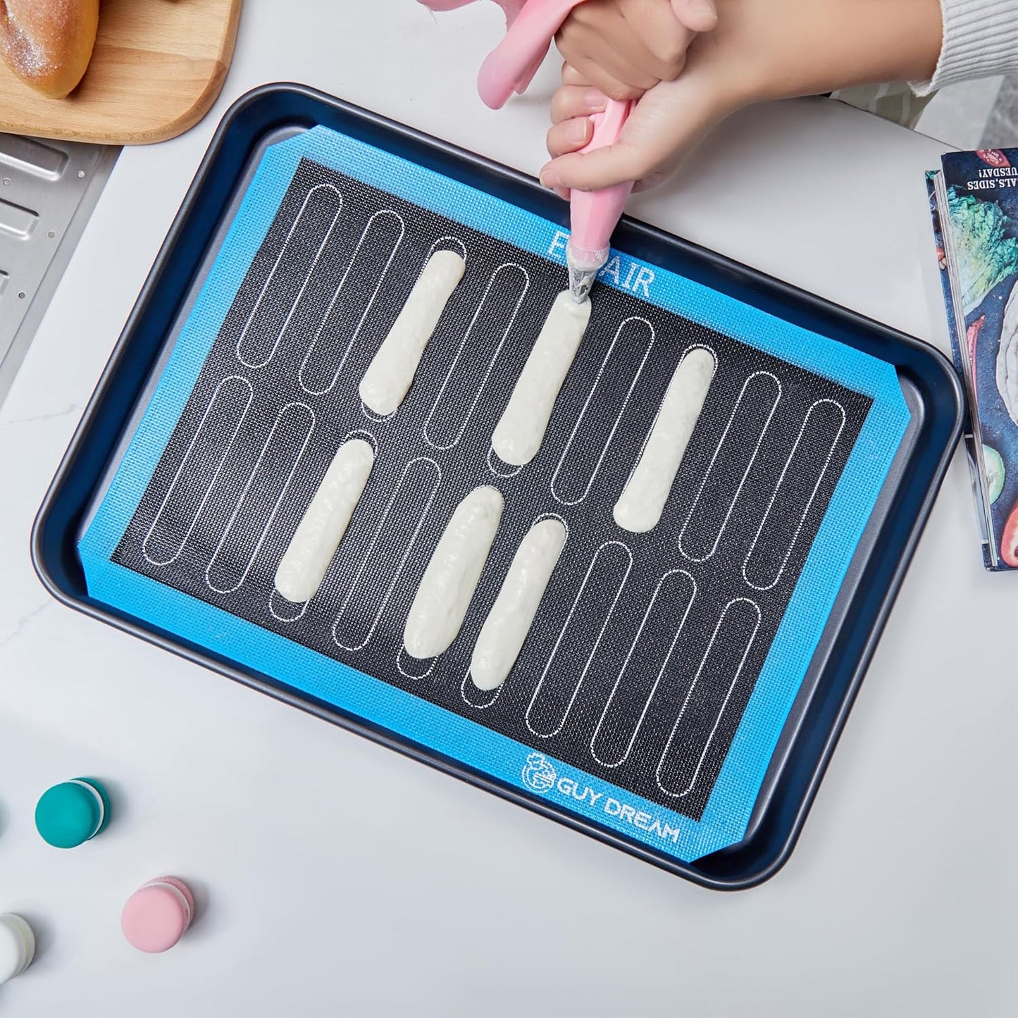 3PCs GUY DREAM Perforated Silicone Baking Mat 11-4/5" x 15-3/4" - 1 Choux Mat, 1 Eclair Mat and 1 Blank Mat for Baking Cookie- Steaming Mesh For Half Size Cooking Sheet- Non-Stick Reusable Oven Liner