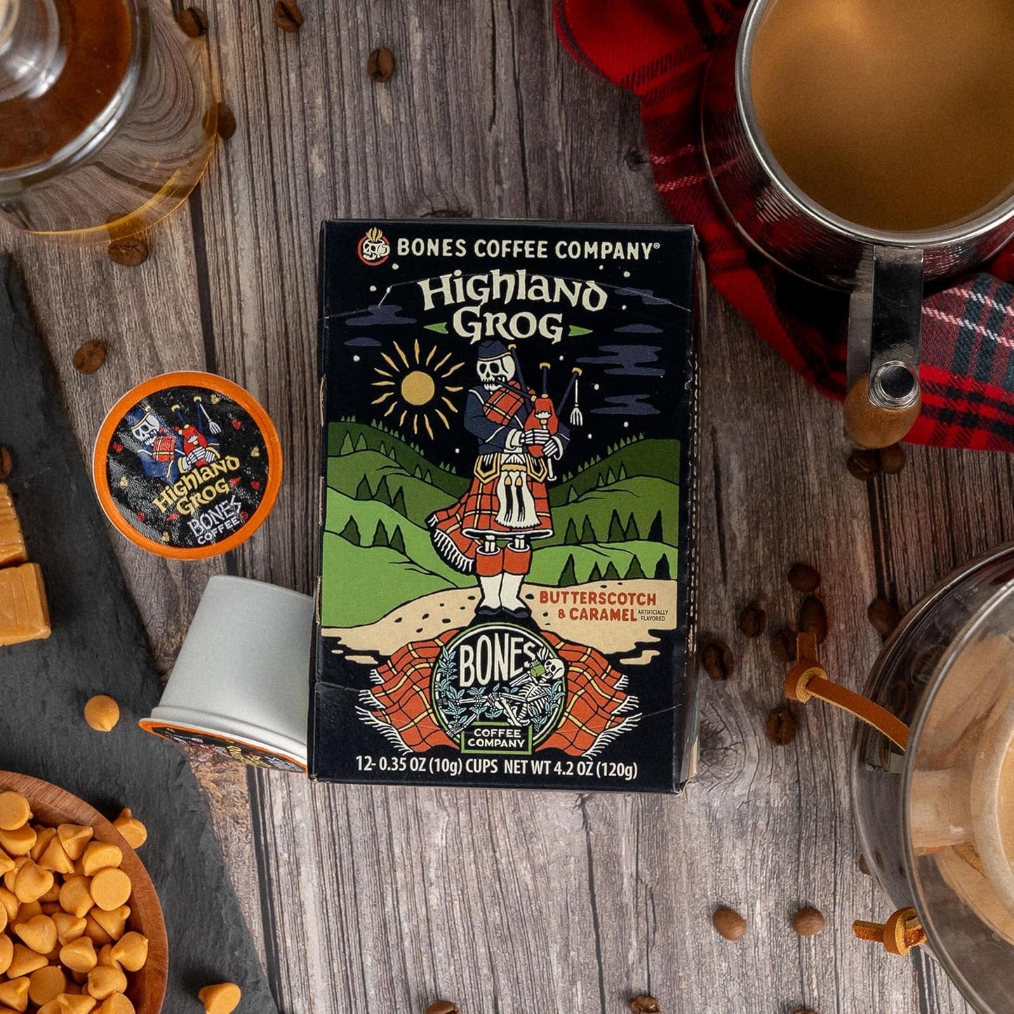 Bones Coffee Company Flavored Coffee Bones Cups Highland Grog Butterscotch Caramel | 12ct Single-Serve Coffee Pods Compatible with Keurig 1.0 & 2.0 Keurig Coffee Maker