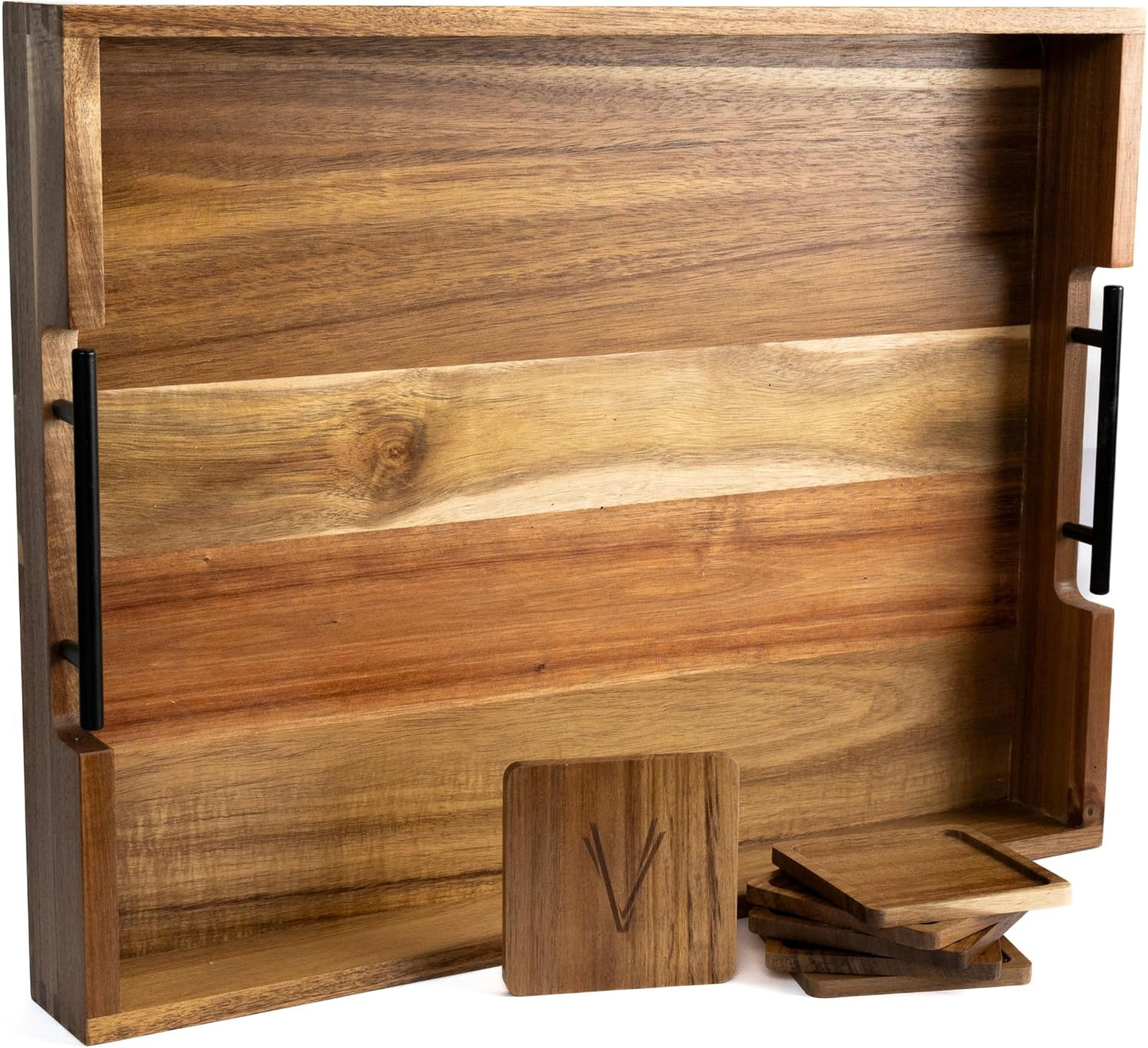 Acacia Wooden Ottoman Tray for Living Room – 21" Large Coffee Table Serving Tray with Handles & 6 Coasters Set, Perfect for Food, Drinks, Kitchen, and Home Decor