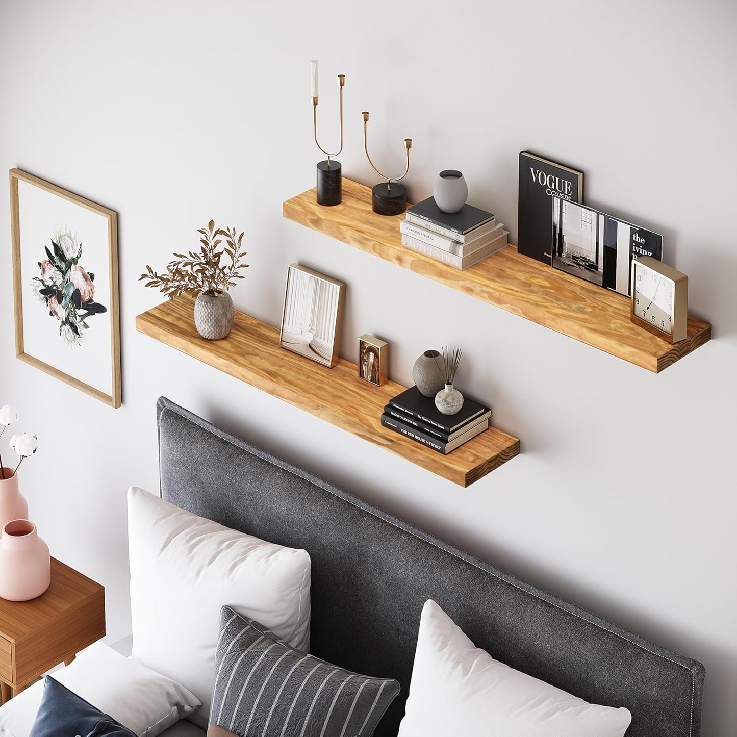 36'' Pine Wood Floating Shelves for Wall- Set of 2 - Rustic Wall Mounted Wooden Shelf for Stylish Home Décor (Natural, 36x6.5x1.25) - 2pcs