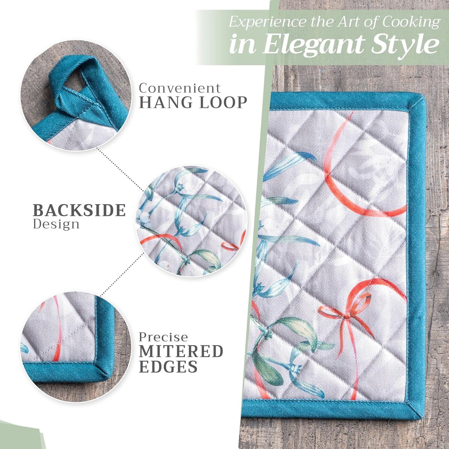 Maison d' Hermine Pot Holders Set 100% Cotton Heat Resistant Potholders 8" x 8" Hot Pads with Loop BBQ, Cooking, Baking, Grilling, Kitchen, Handling Hot Pans (Pack of 1, Enora)