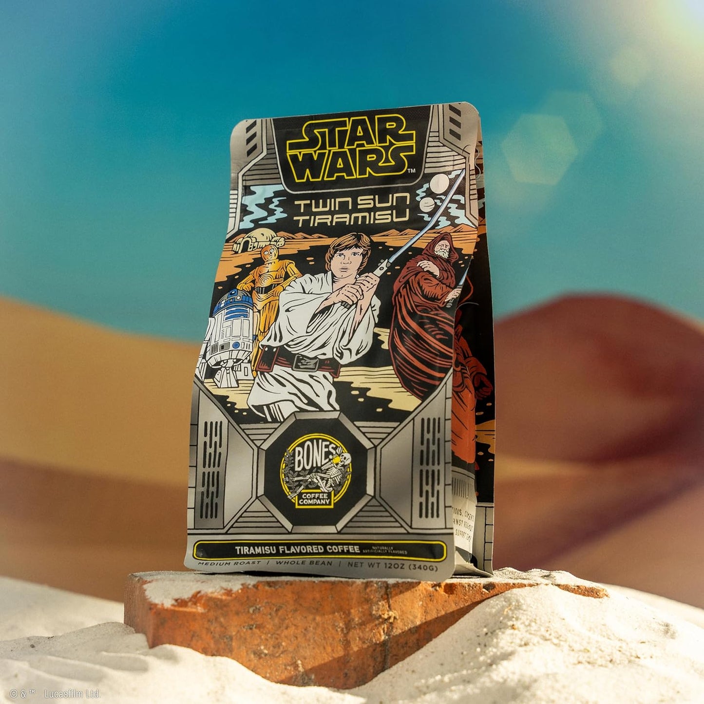 Bones Coffee Company Star Wars Twin Sun Tiramisu Flavored Coffee, Medium Roast Low Acid Arabica Beans Compatible with Auto drip and French Press Coffee Maker, 12 Oz Whole Bean