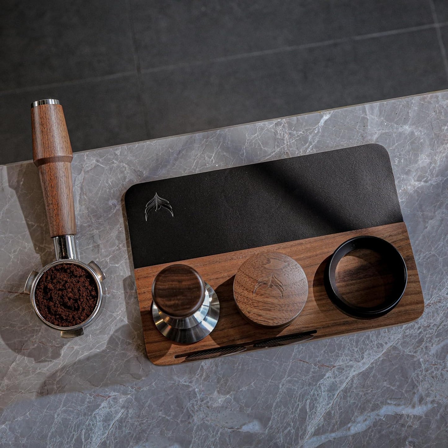 54mm Tamping Mat For Breville Espresso Machine Accessories Walnut & Leather Tamp Station Organizer with Multi-Slot Design for Espresso Tools Tamper, Distributor, Funnel & Puck Screens