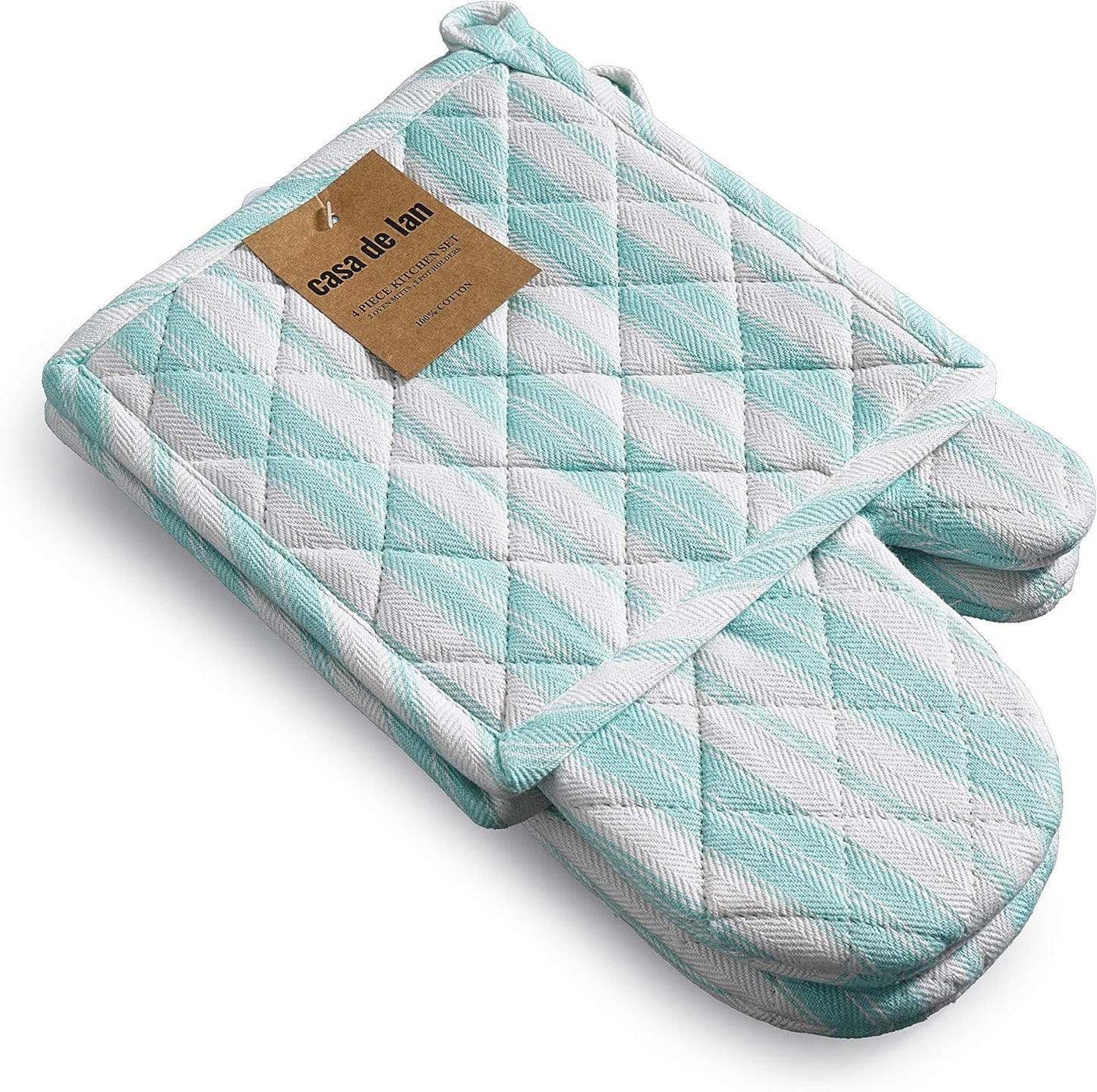 Oven Mitt & Potholder Set - Durable Heat Resistant Gloves - Thick Mittens for Kitchen - Suitable for Cooking, Baking, Grilling – BBQ - 1 Oven Mitts & 1 Potholders – Light Blue Stripes - Casa De Lan