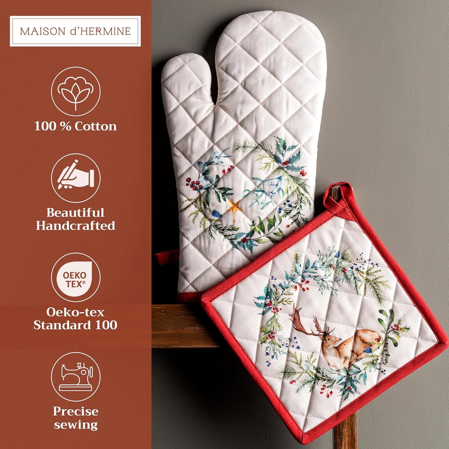 Maison d' Hermine 100% Cotton Oven Mitt & Pot Holder Set (7.5"x13" & 8"x8") Heat Resistant BBQ Cooking Gloves with Loop, Baking, Grilling, Kitchen, Handling Hot Pans (Holly Time)