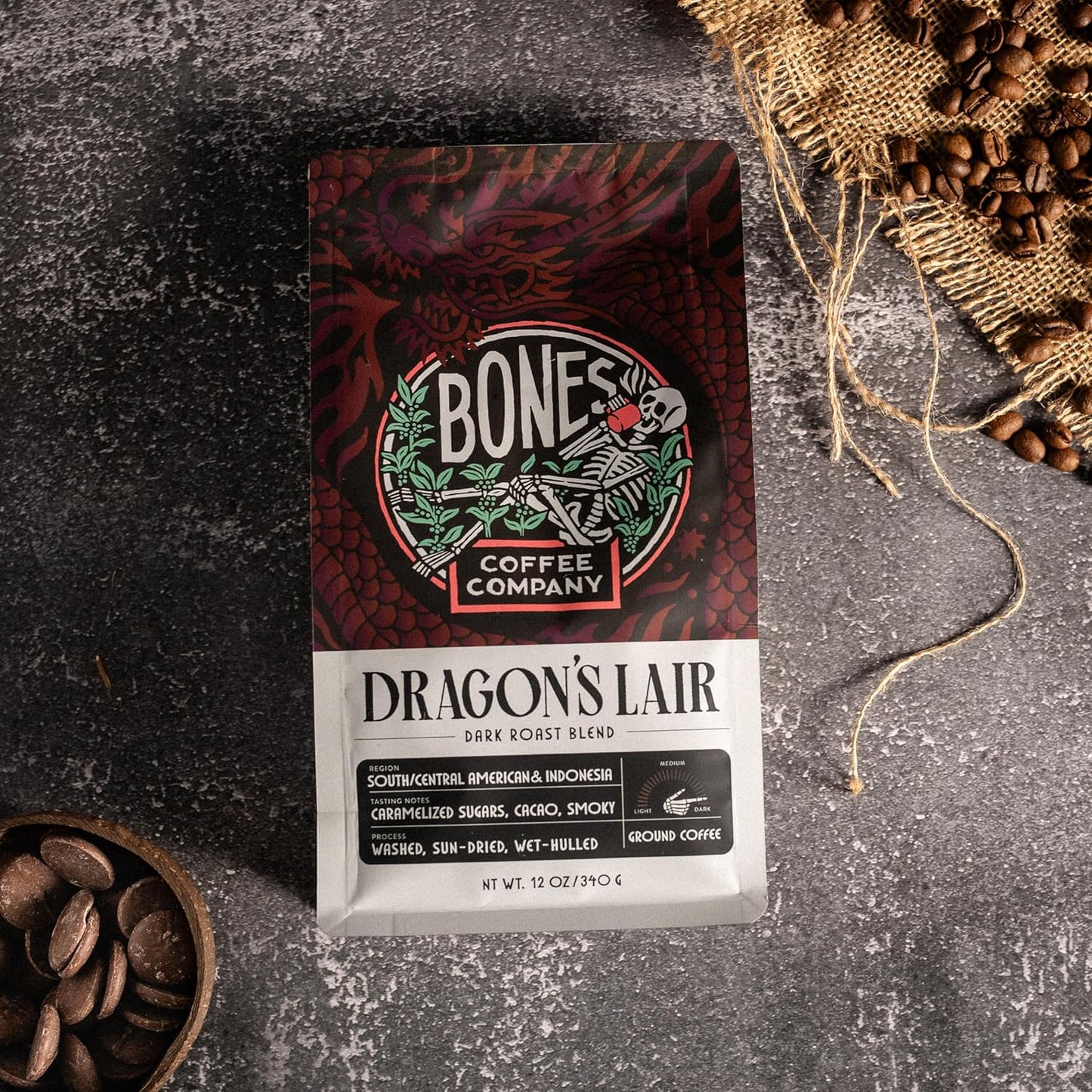 Bones Coffee Company Dragon's Lair, Smokey, Cacao and Caramelized Sugar Notes, Unflavored Coffee, Medium Roast Low Acid Arabica Beans Compatible with Auto drip and French Press Coffee Maker, 12 Oz Whole Bean