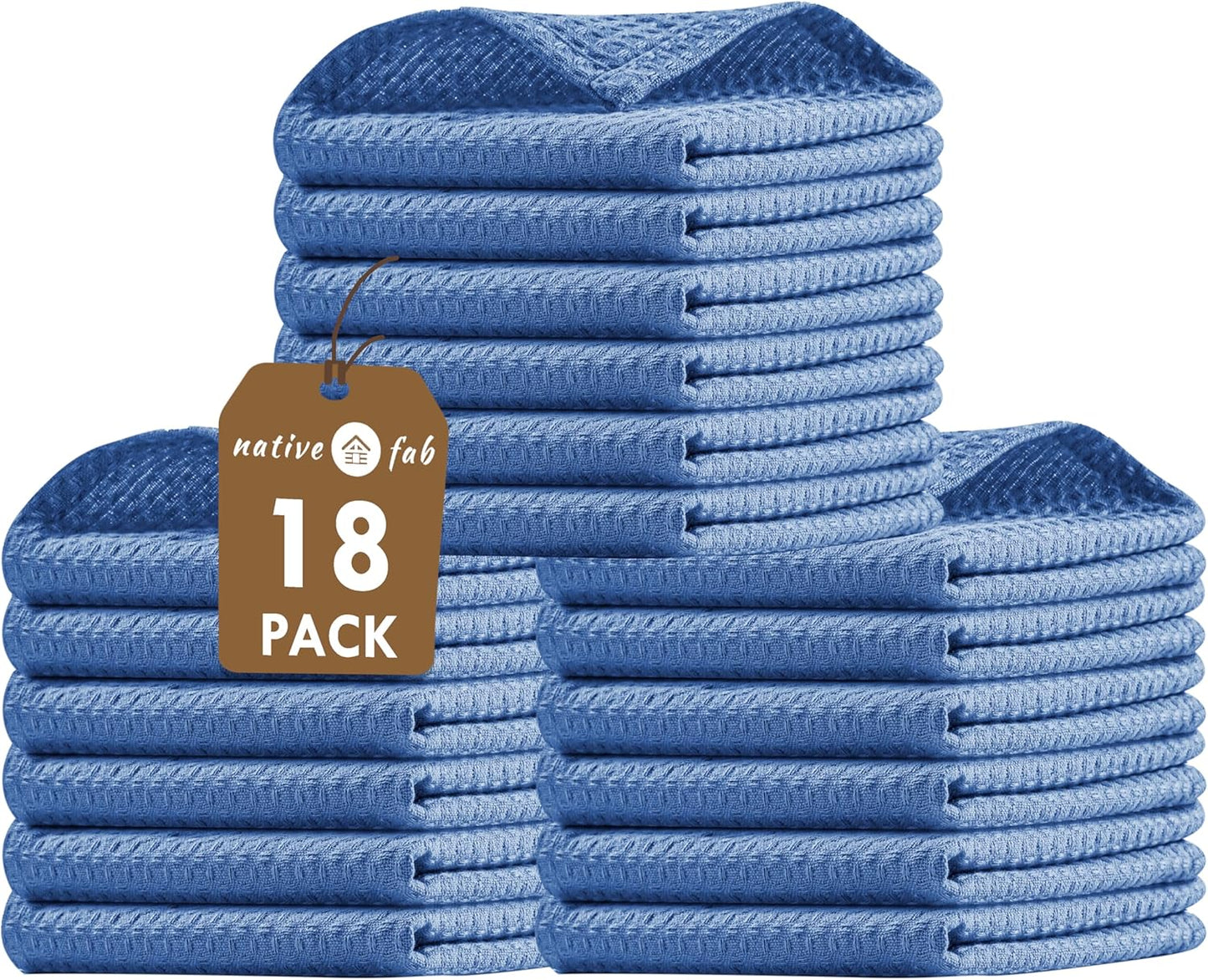 Native Fab 18 Pack Waffle Dish Cloths - Soft Cotton, Absorbent, Quick Drying, Washable Towels for Cleaning, Cooking, Baking - Ideal for Home, Restaurants, Hotels, Cafes, 12x12 inch - Sky Blue