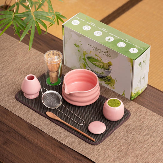 6 Pcs Matcha Set - Ceramic Bowl with Spout, Matcha Whisk with Holder, Tea Powder Canister, Sifter and Spoon, Complete Kit for Traditional Matcha, Modern Lattes, and Tea Ceremonies (Pink)