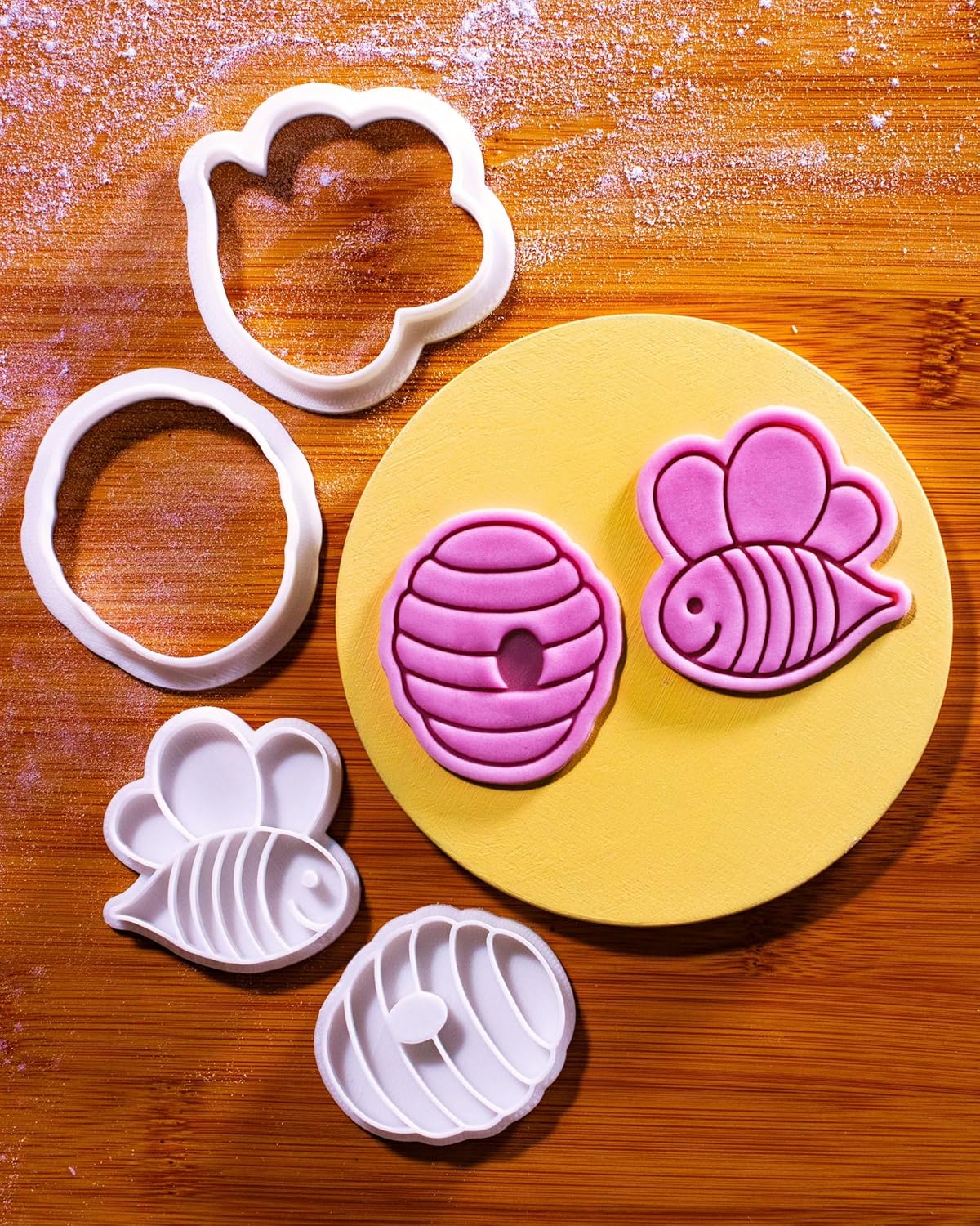 BAKERLOGY Bee Happy - Mini 2" Cookie Cutter & Stamp Set - Cute Bee & BeeHive Design for Easter & Spring Cookies, Cupcakes & Fondant Decorations