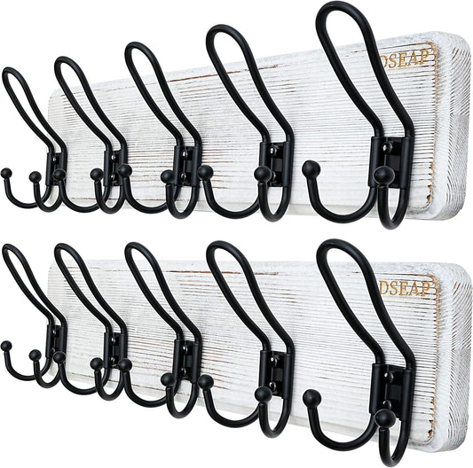 Dseap Coat Rack Wall Mounted - Heavy Duty Farmhouse Rustic Wall Coat Hanger with 5 Wire Hooks for Clothes Hat Jacket Towel, RusticWire, J1-5A, Whitewash & Black, Pack of 2
