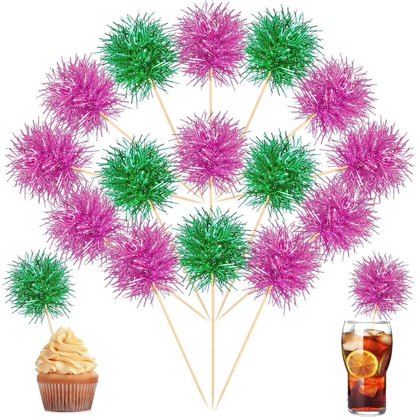 Chinco 100 Pcs Foil Firework Cupcake Toppers Sparkle Tinsel Cake Toppers Cake Decoration Cocktail Fruit Toothpick for Birthday Wedding Graduation Party(Pink, Gold)