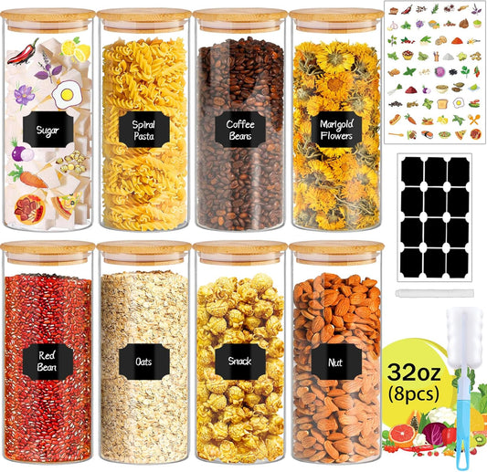 32 oz 8 Pcs Glass Jars with Bamboo Lids, Stackable Clear Food Storage Jars, Airtight Kichen Glass Pantry Storage Containers with Lids for Rice, Candy, Sugar, Flour, Nuts, Cookie, Coffee Bean