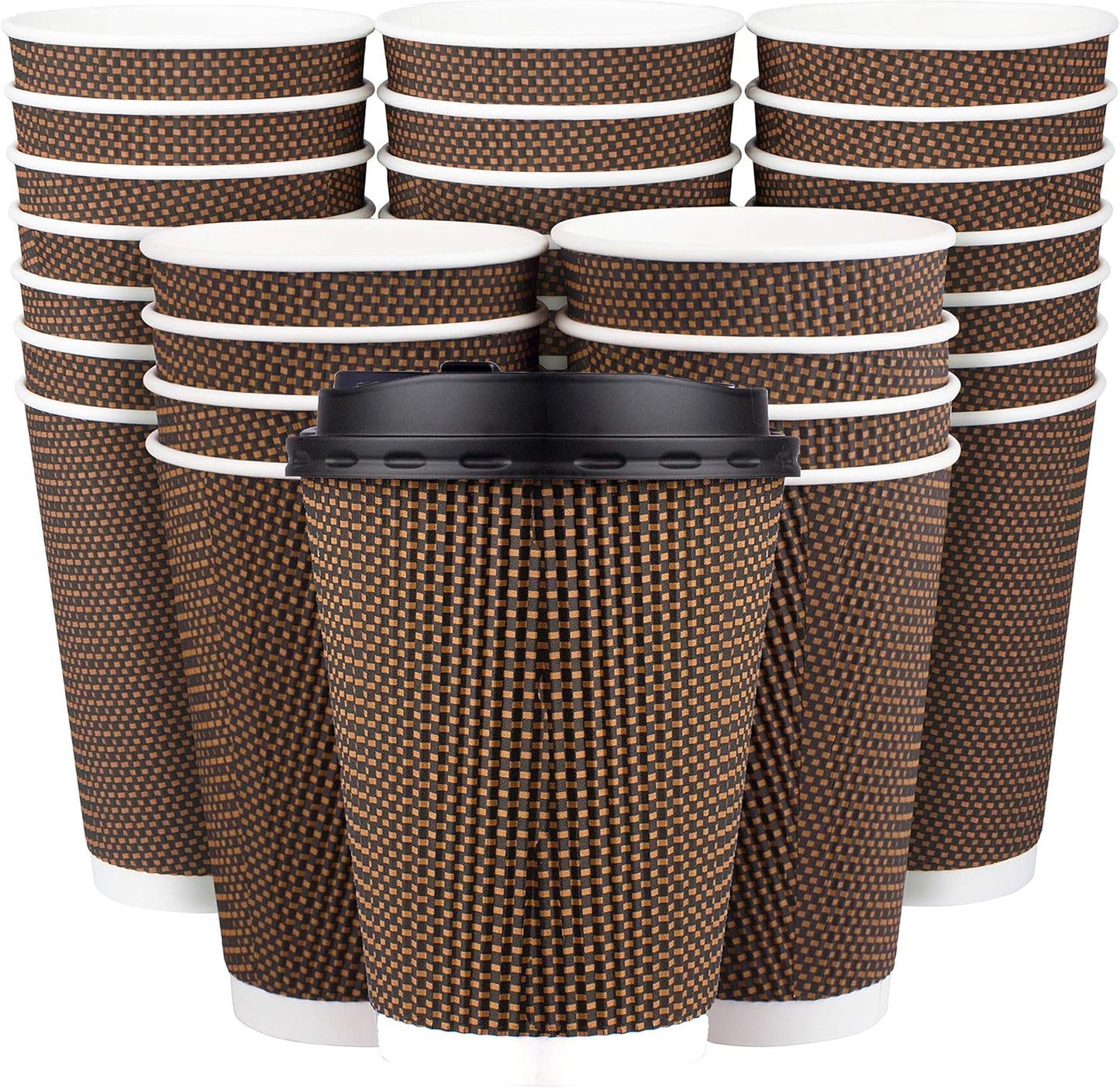Promora Brown Disposable Coffee Cups With Lids 12 oz, Premium Insulated Paper Ripple Cups for Hot Coffee, Paper Cups 12 oz Coffee Cups 12 oz, Paper Coffee Cup with Lids (80 Pack)