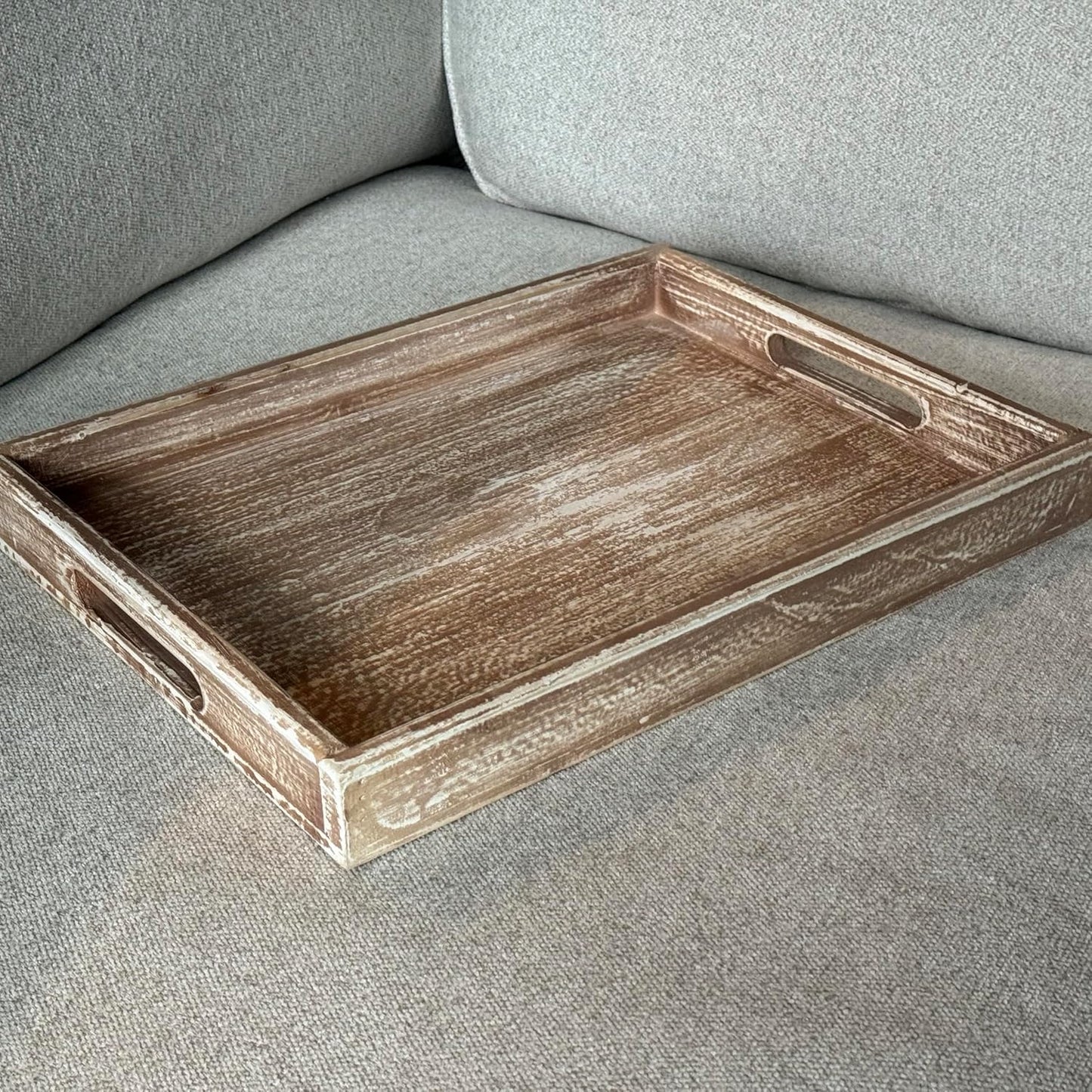 Allgala Wooden Tray - 17"x13"x2" Vintage Beige Rectangle Stylish Rustic Farmhouse Decor Serving Platter