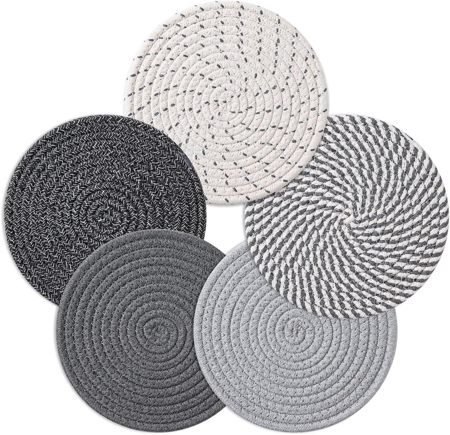 7 Inch Trivets for Hot Dishes, Pots and Pans, 5 Heat Resistant Pot Holders for Kitchen, Home Essentials, Hot Pads for Countertop and Table, Farmhouse Decor Vase Mats, Gray