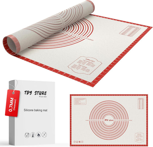 28 * 20 inches Red, Non-Slip Silicone Baking Sheets - Baking Mat with 0.7mm Thickness - Non-Stick Pastry & Cookie Mat for Kitchen Counter for Rolling Out Dough with Measurements.