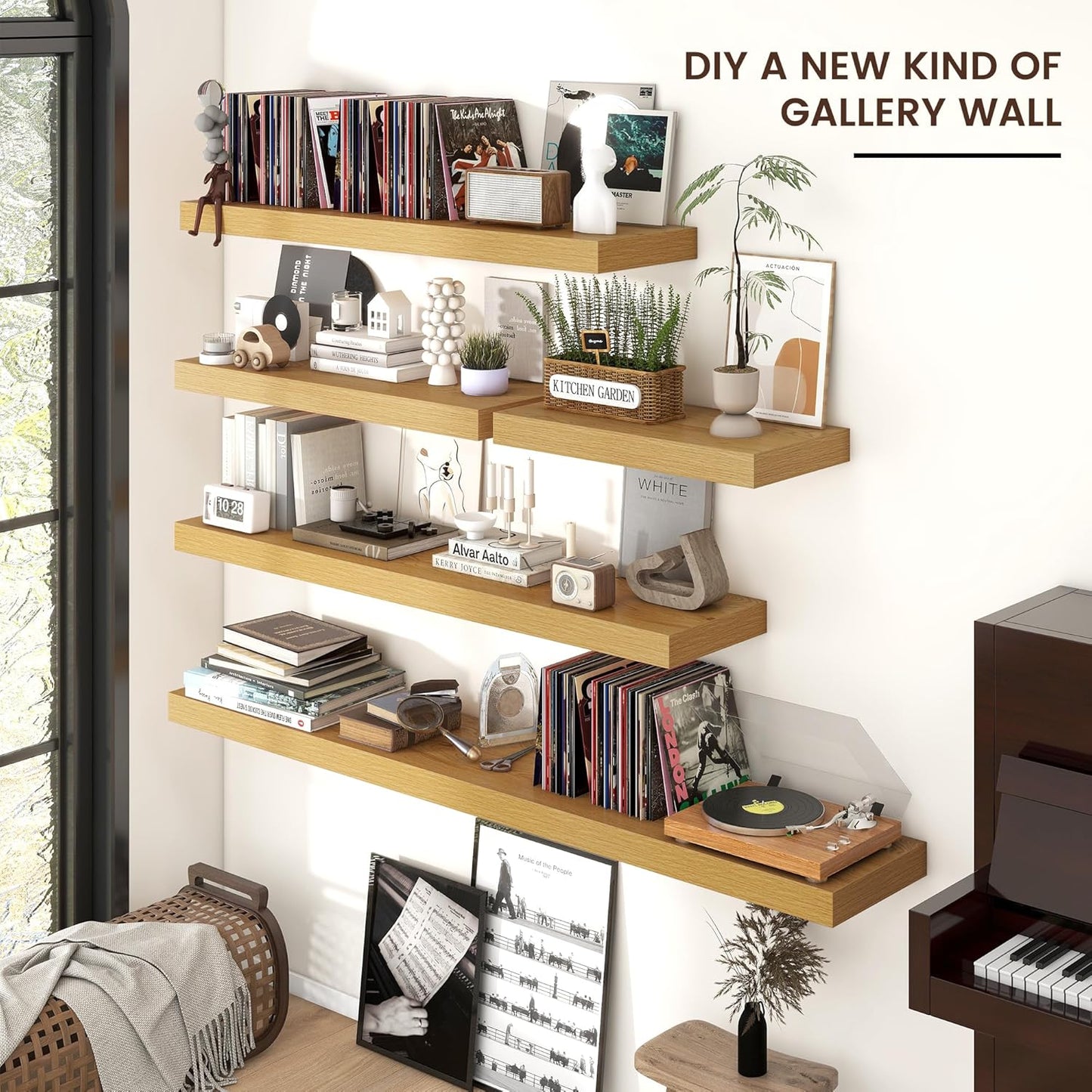 Floating Shelves - 2 Large Wall Mounted Shelves with Invisible Brackets, Long Wood Floating Wall Shelf for Living Room, Bedroom, Kitchen (Oak, 36" W x 9" D x 1.5" H)