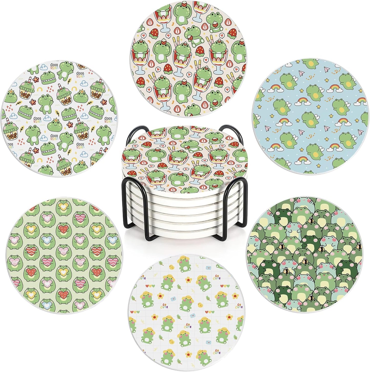 6 Pcs Coasters for Drinks with Holder, Cute Frog Absorbent Ceramic Coasters with Cork Base,Cute Funny Table Drinks Coasters Tabletop Protection Mat,Table Home Decor,4 Inches
