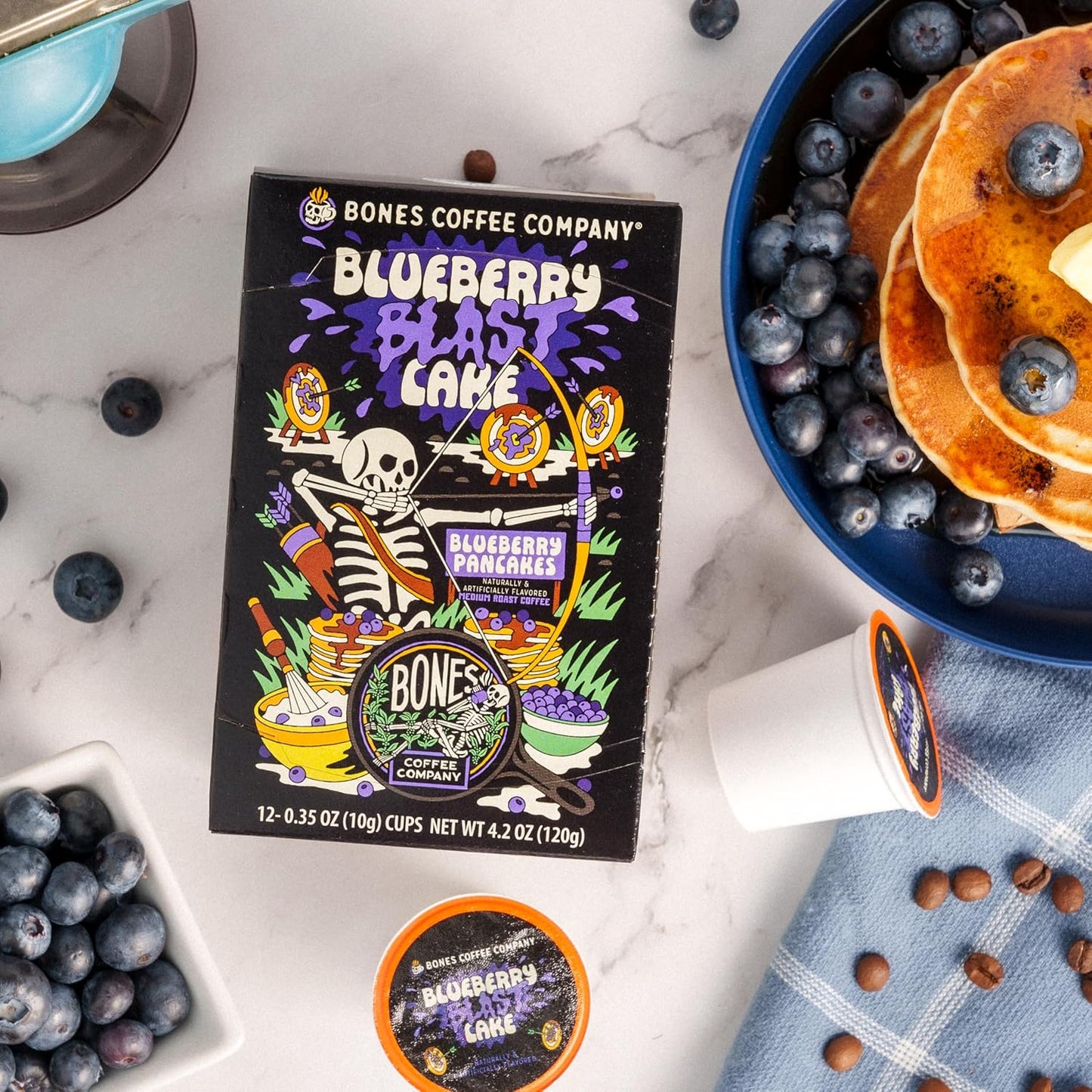 Bones Coffee Company Blueberry Blast Cake, Blueberry Pancake Flavored Coffee Pods, Low Acid Medium Roast Single-Serve Bones Cups, For 1.0 & 2.0 K-Cups Brewers Coffee Maker, 12 Count