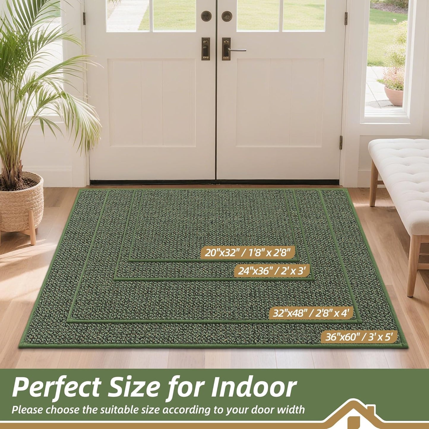 BEQHAUSE Dirt Trapper Door Mat 32" x 48", Non-Slip Washable Doormats Entrance Mat, Dirt Resistant and Absorbent Welcome Mat, Low Profile Floor Mats for Front Back Door and Entryway, Green