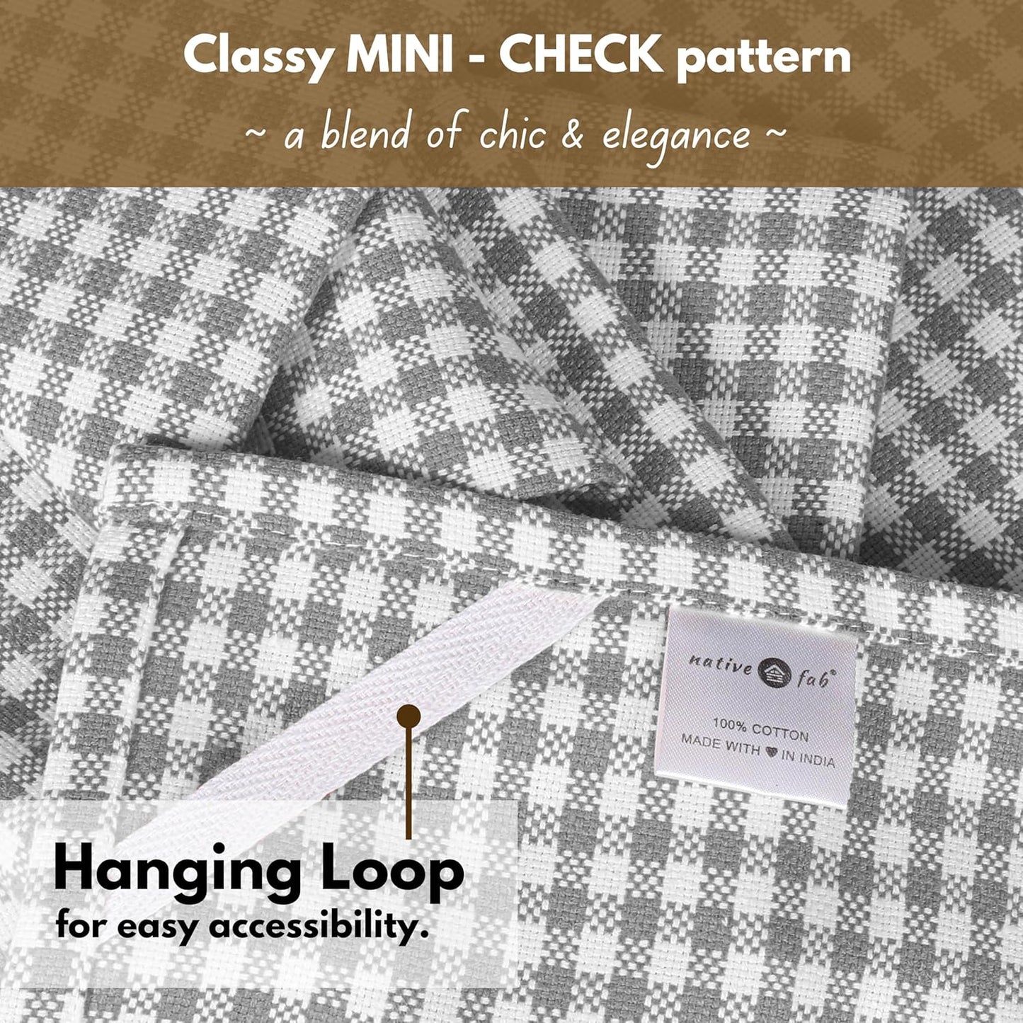 Native Fab Gingham Kitchen Towels 6 Pack, 100% Cotton 16x26 Inch, Absorbent & Washable Tea Towels, Soft Dish Cloths with Hanging Loop for Drying & Cleaning, Grey White