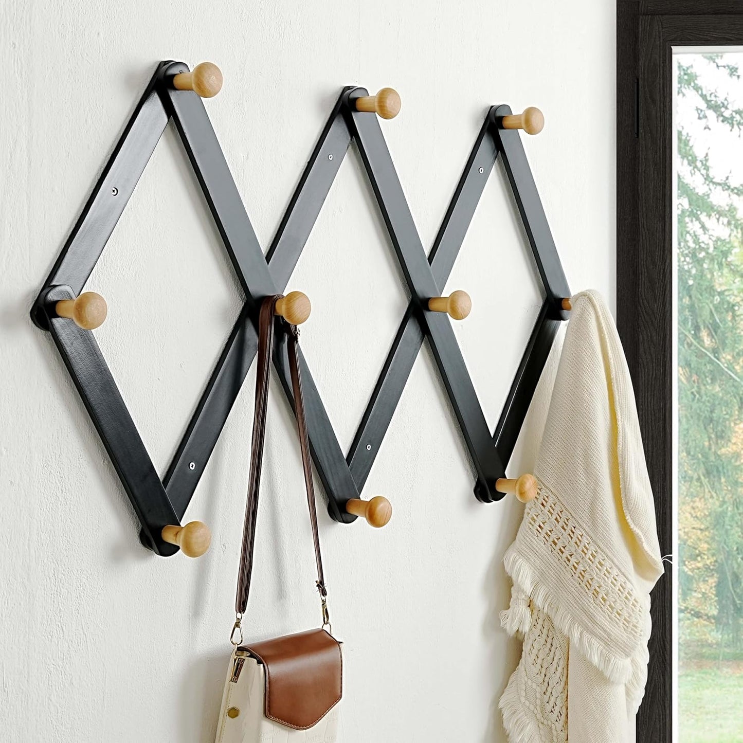 Dseap Expandable Coat Rack (Larger Version) - 24” High, Anti-Slip, Ultra Heavy Duty Wooden Accordian Wall Hanger with 10 Study Peg Hooks for Clothing Hats Jackets Bags, Black/Natural
