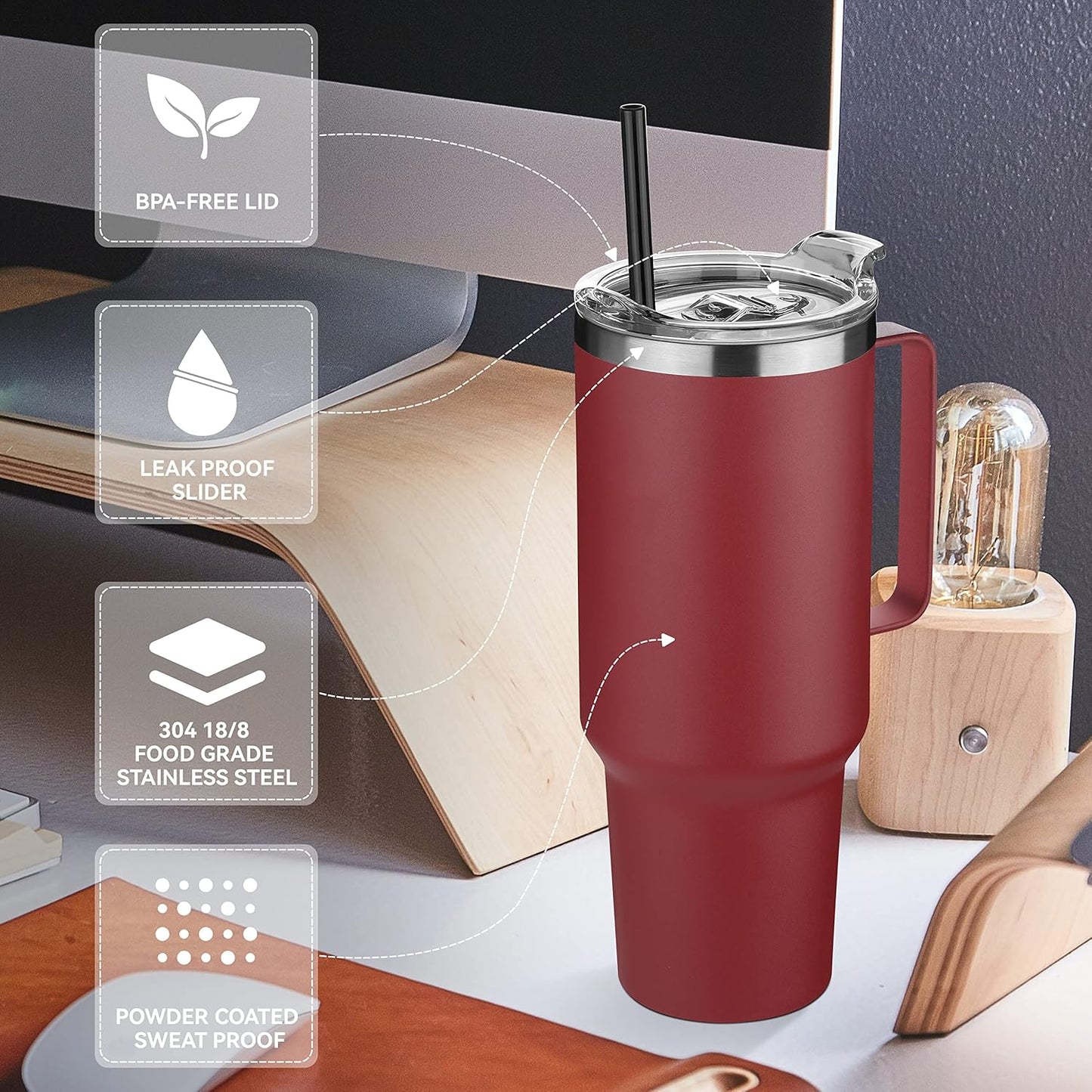 HASLE OUTFITTERS 40 oz Stainless Steel Tumbler with Handle, Vacuum Insulated Tumblers Bulk, Reusable Double Wall Travel Coffee Mug, Durable Powder Coated Water Bottles(Wine Red, 8)